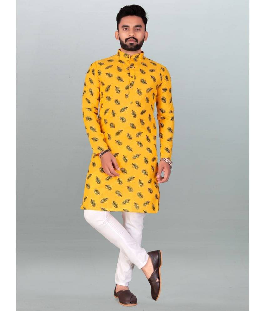     			FRELURO Yellow Cotton Blend Regular Fit Men's Kurta Pyjama Set ( Pack of 1 )