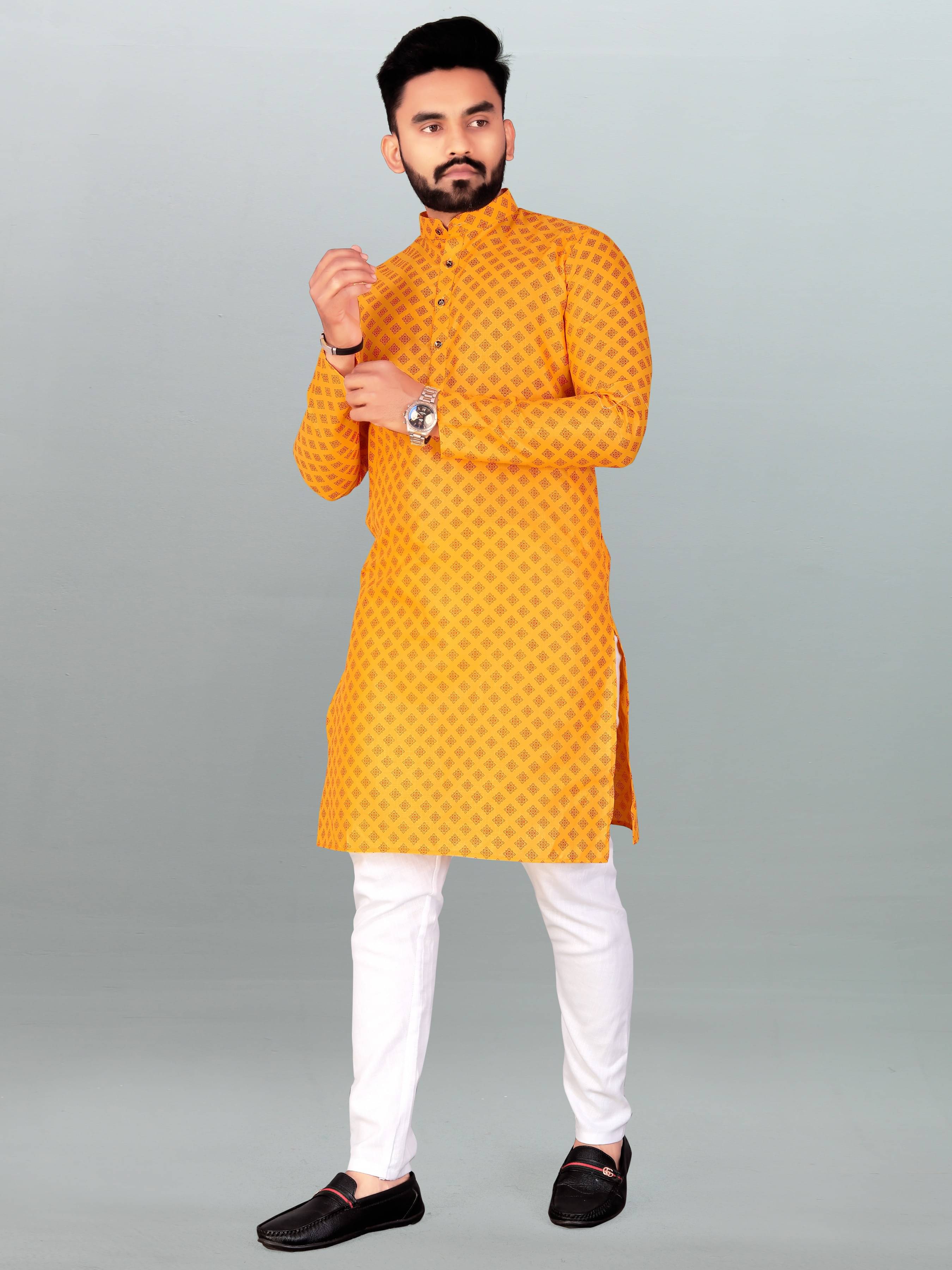     			FRELURO Yellow Cotton Blend Regular Fit Men's Kurta Pyjama Set ( Pack of 1 )