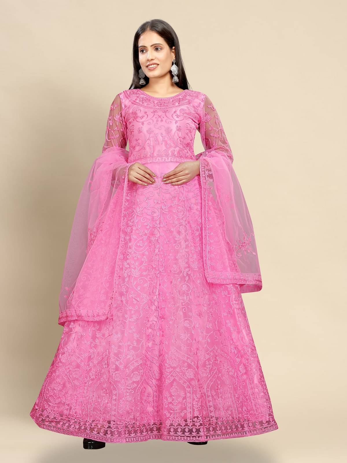 JULEE Pink Flared Net Women's Semi Stitched Ethnic Gown ( Pack of 1 ) JULEE Pink Flared Net Women's Semi Stitched Ethnic Gown ( Pack of 1 )