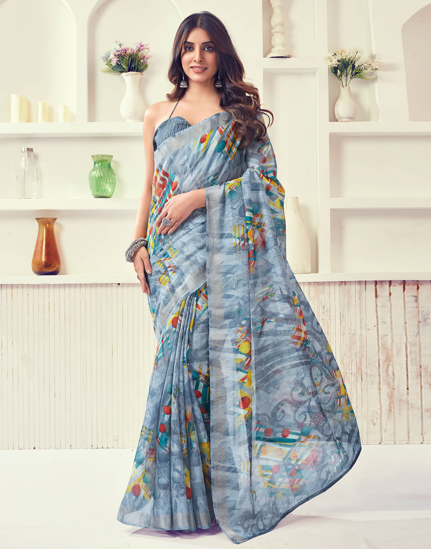     			Samah Cotton Blend Printed Saree With Unstitched Blouse Piece ( Grey )