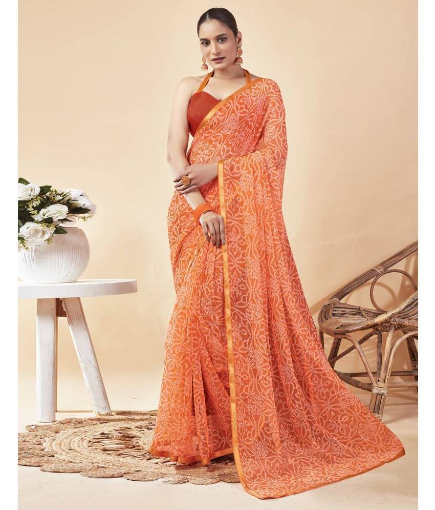 Satrani Chiffon Printed Saree With Unstitched Blouse Piece ( Orange ) Satrani Chiffon Printed Saree With Unstitched Blouse Piece ( Orange )