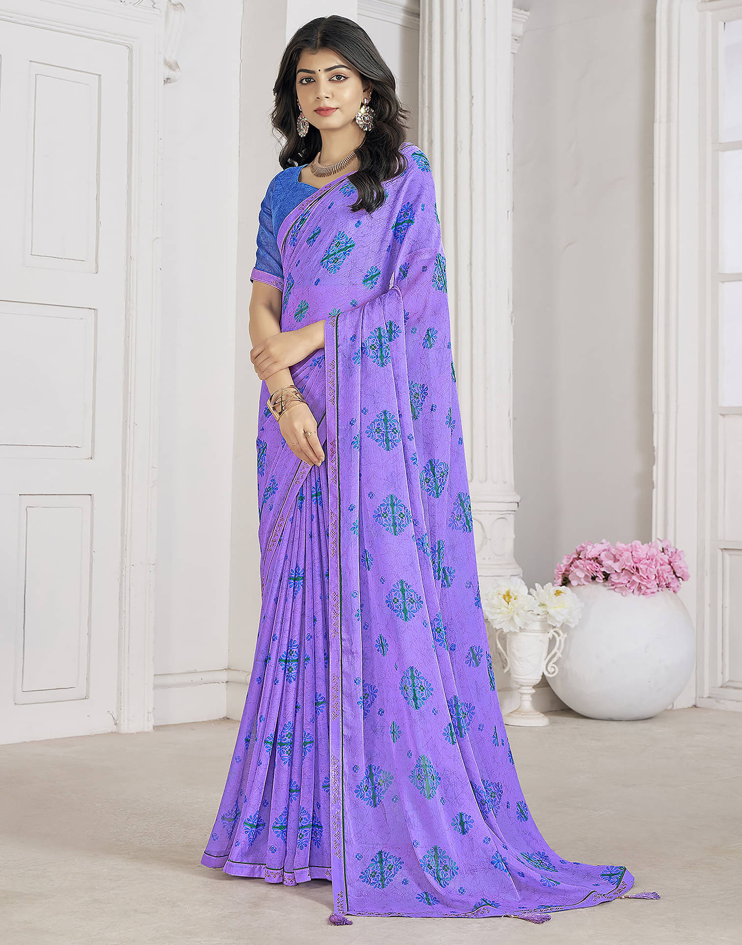     			Satrani Chiffon Printed Saree With Unstitched Blouse Piece ( Lavender )