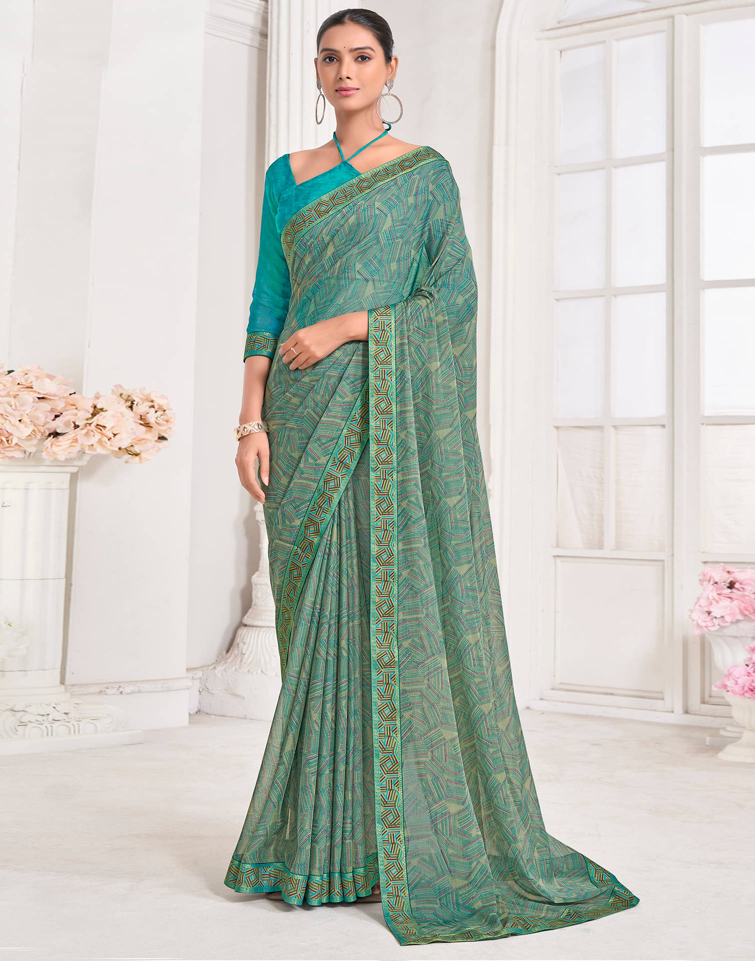     			Satrani Chiffon Printed Saree With Unstitched Blouse Piece ( Green )