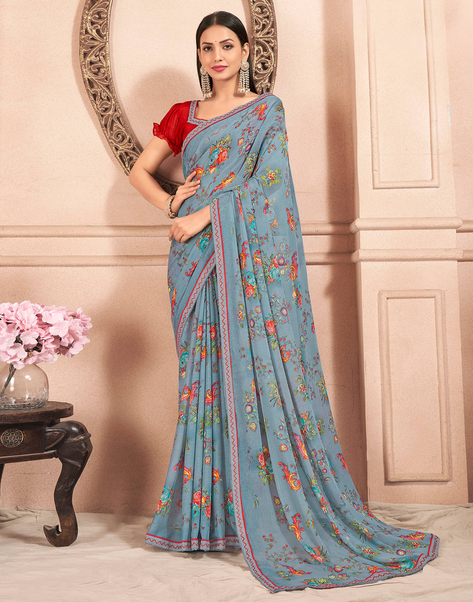 Satrani Chiffon Printed Saree With Unstitched Blouse Piece ( Grey ) Satrani Chiffon Printed Saree With Unstitched Blouse Piece ( Grey )