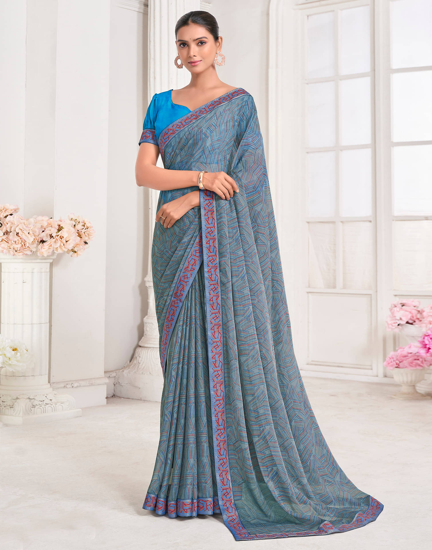     			Satrani Chiffon Printed Saree With Unstitched Blouse Piece ( Blue )