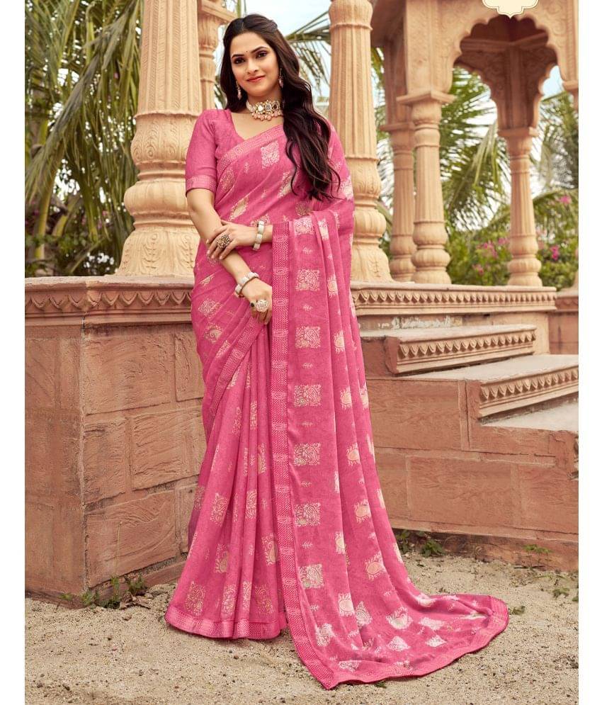Satrani Chiffon Printed Saree With Unstitched Blouse Piece ( Pink ) Satrani Chiffon Printed Saree With Unstitched Blouse Piece ( Pink )