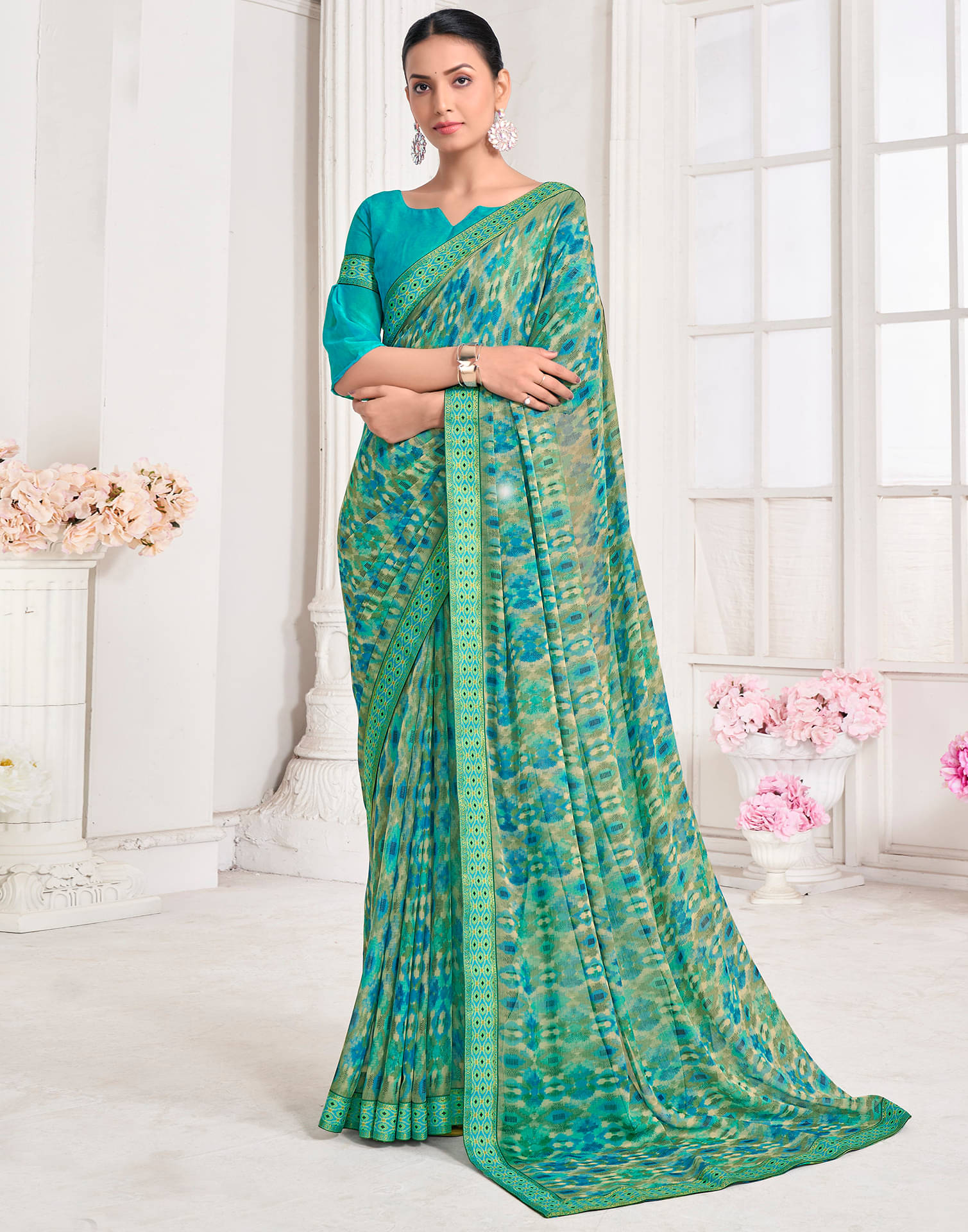     			Satrani Chiffon Printed Saree With Unstitched Blouse Piece ( Teal )