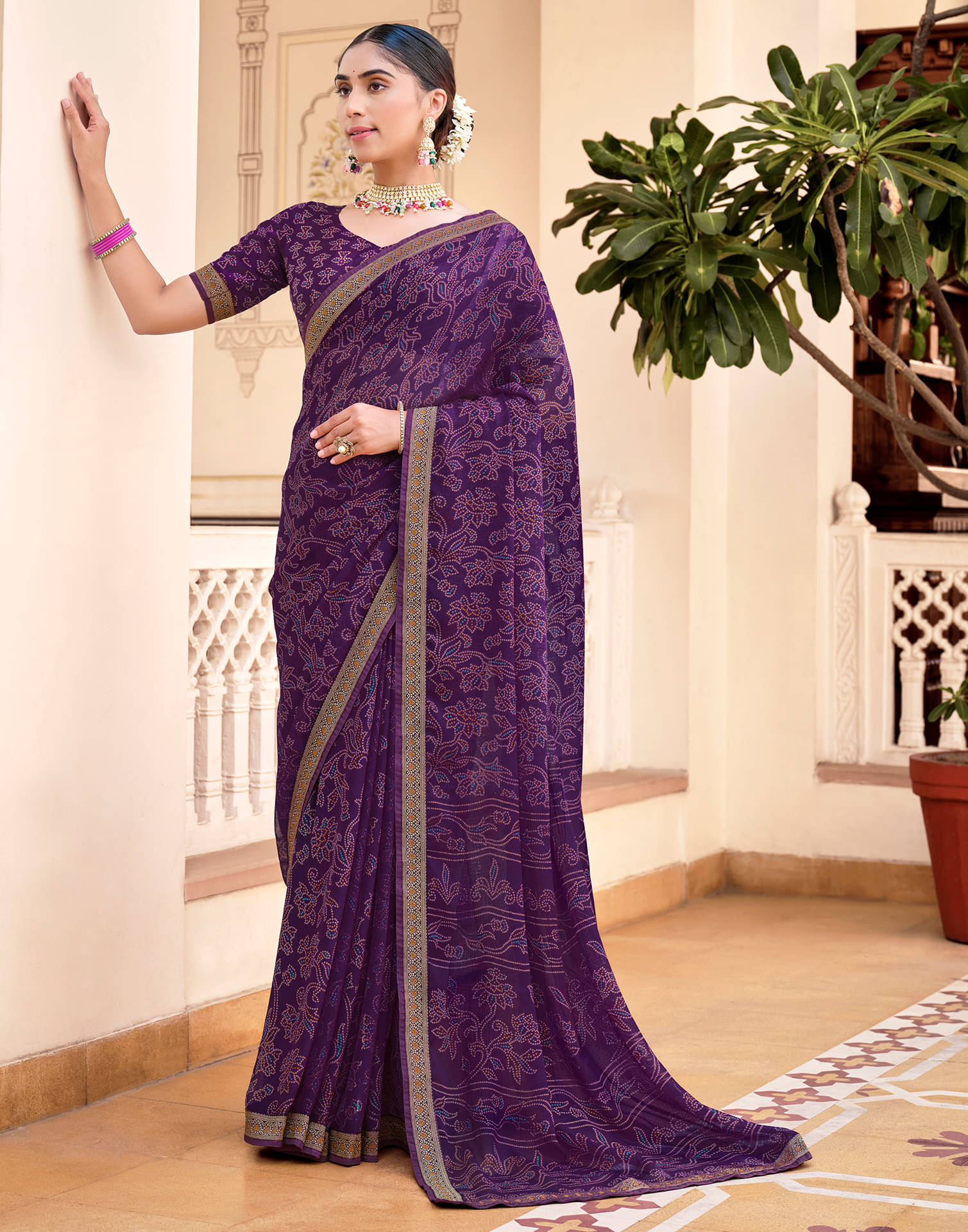     			Satrani Chiffon Printed Saree With Unstitched Blouse Piece ( Purple )