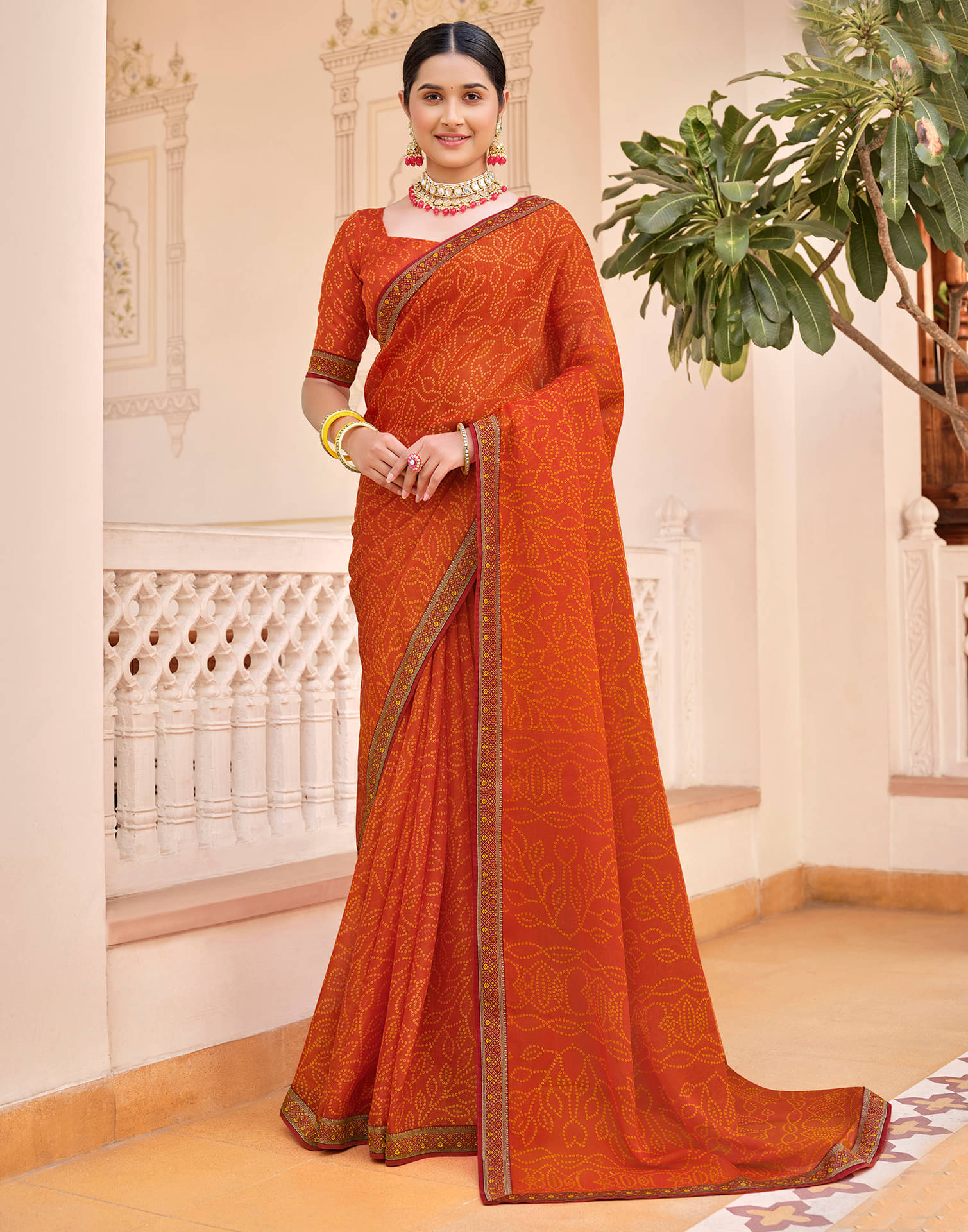 Satrani Chiffon Printed Saree With Unstitched Blouse Piece ( Orange ) Satrani Chiffon Printed Saree With Unstitched Blouse Piece ( Orange )