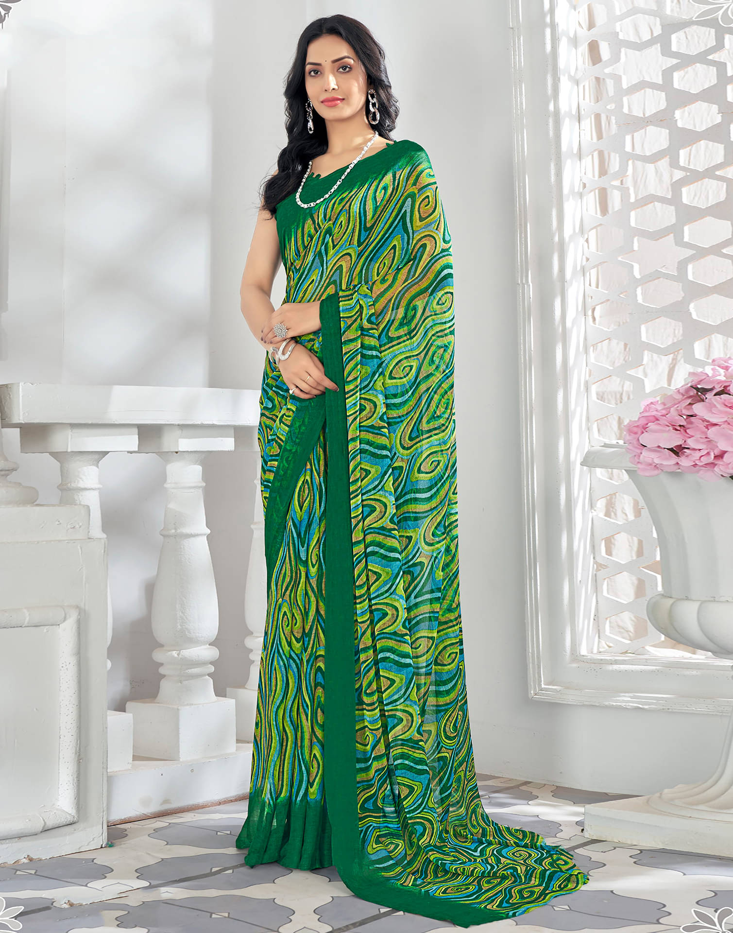 Satrani Chiffon Printed Saree With Unstitched Blouse Piece ( Green ) Satrani Chiffon Printed Saree With Unstitched Blouse Piece ( Green )
