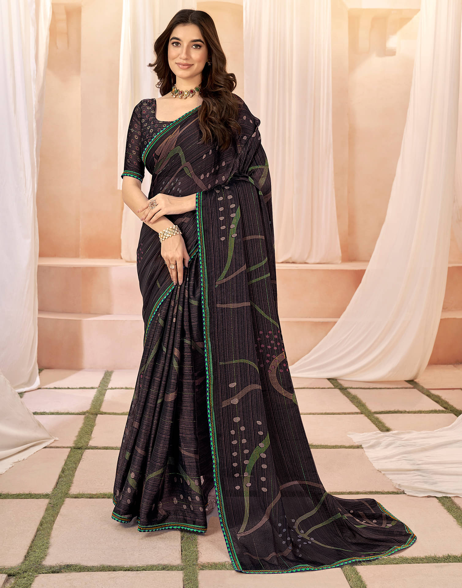     			Satrani Chiffon Printed Saree With Unstitched Blouse Piece ( Navy Blue )