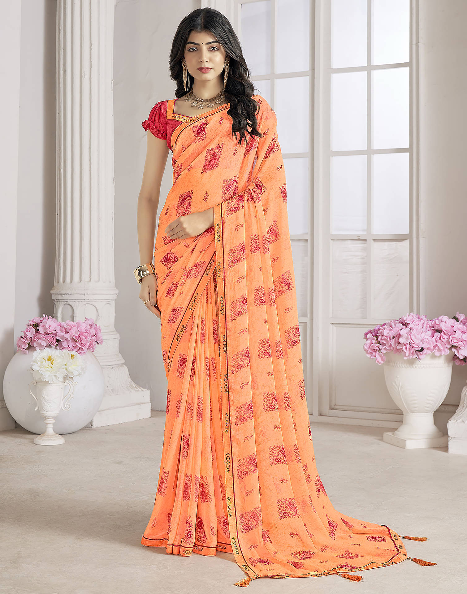 Satrani Chiffon Printed Saree With Unstitched Blouse Piece ( Orange ) Satrani Chiffon Printed Saree With Unstitched Blouse Piece ( Orange )