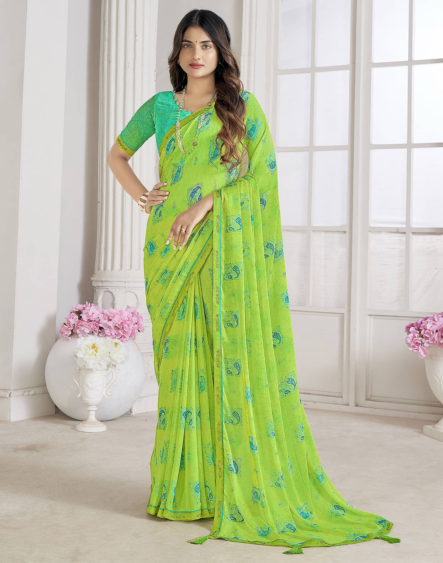     			Satrani Chiffon Printed Saree With Unstitched Blouse Piece ( Lime Green )