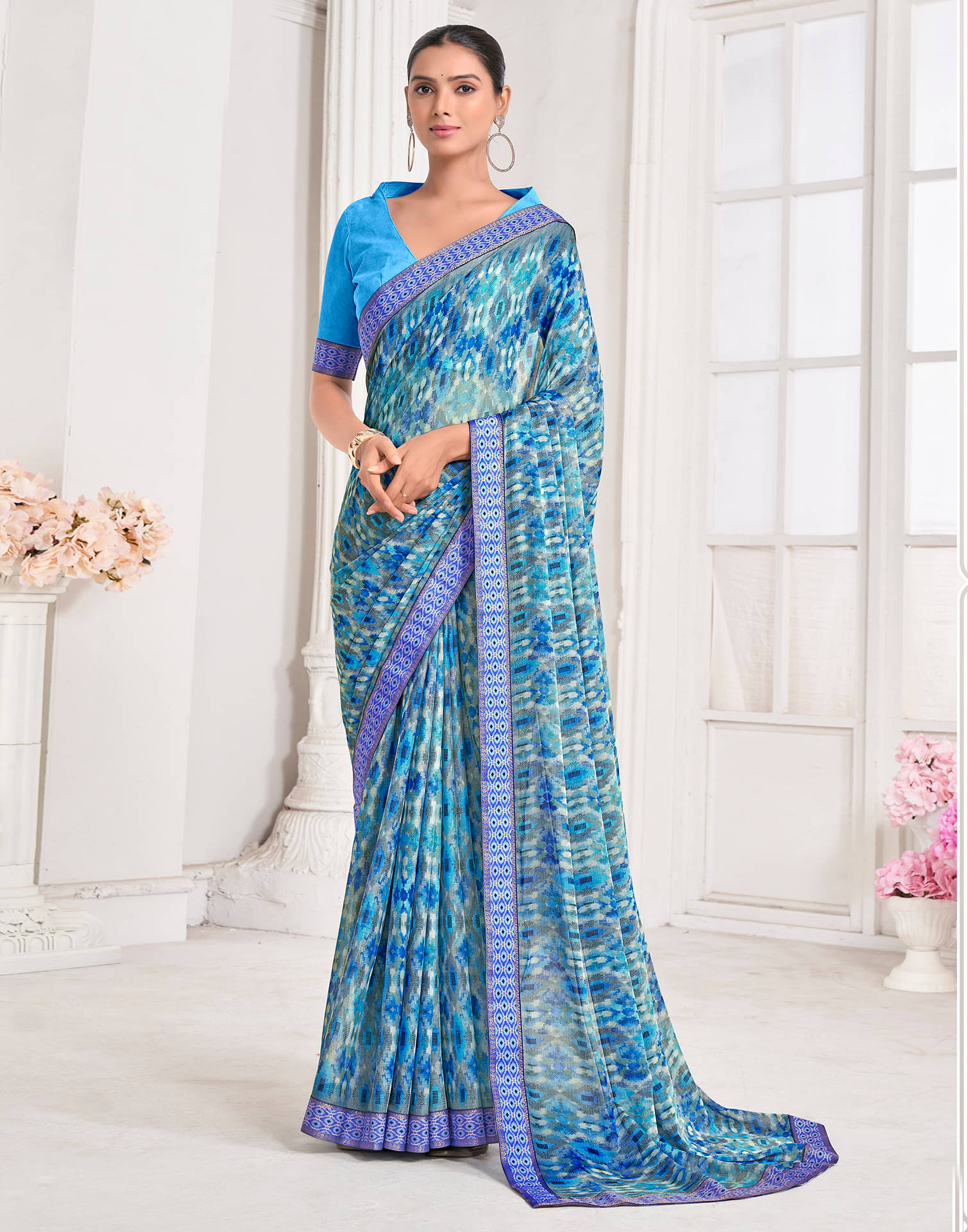     			Satrani Chiffon Printed Saree With Unstitched Blouse Piece ( Blue )