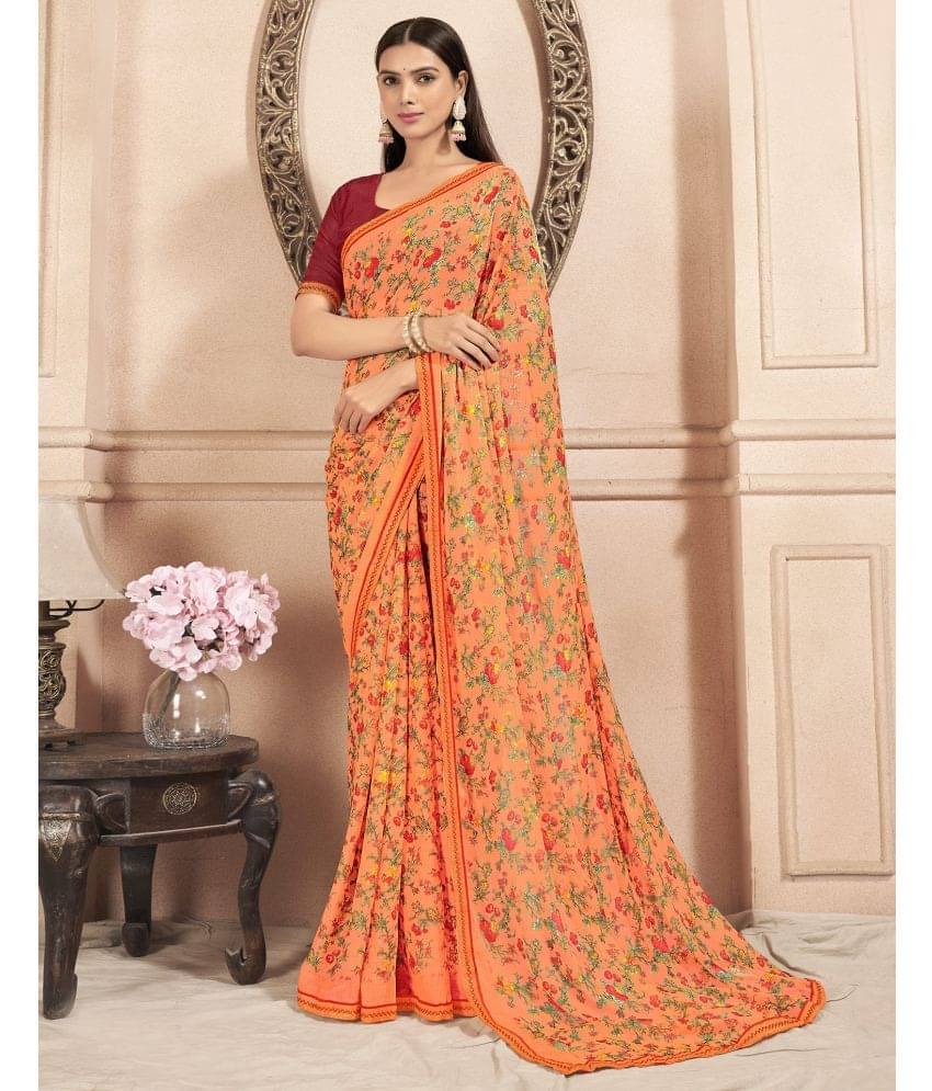 Satrani Chiffon Printed Saree With Unstitched Blouse Piece ( Fluorescent Orange ) Satrani Chiffon Printed Saree With Unstitched Blouse Piece ( Fluorescent Orange )