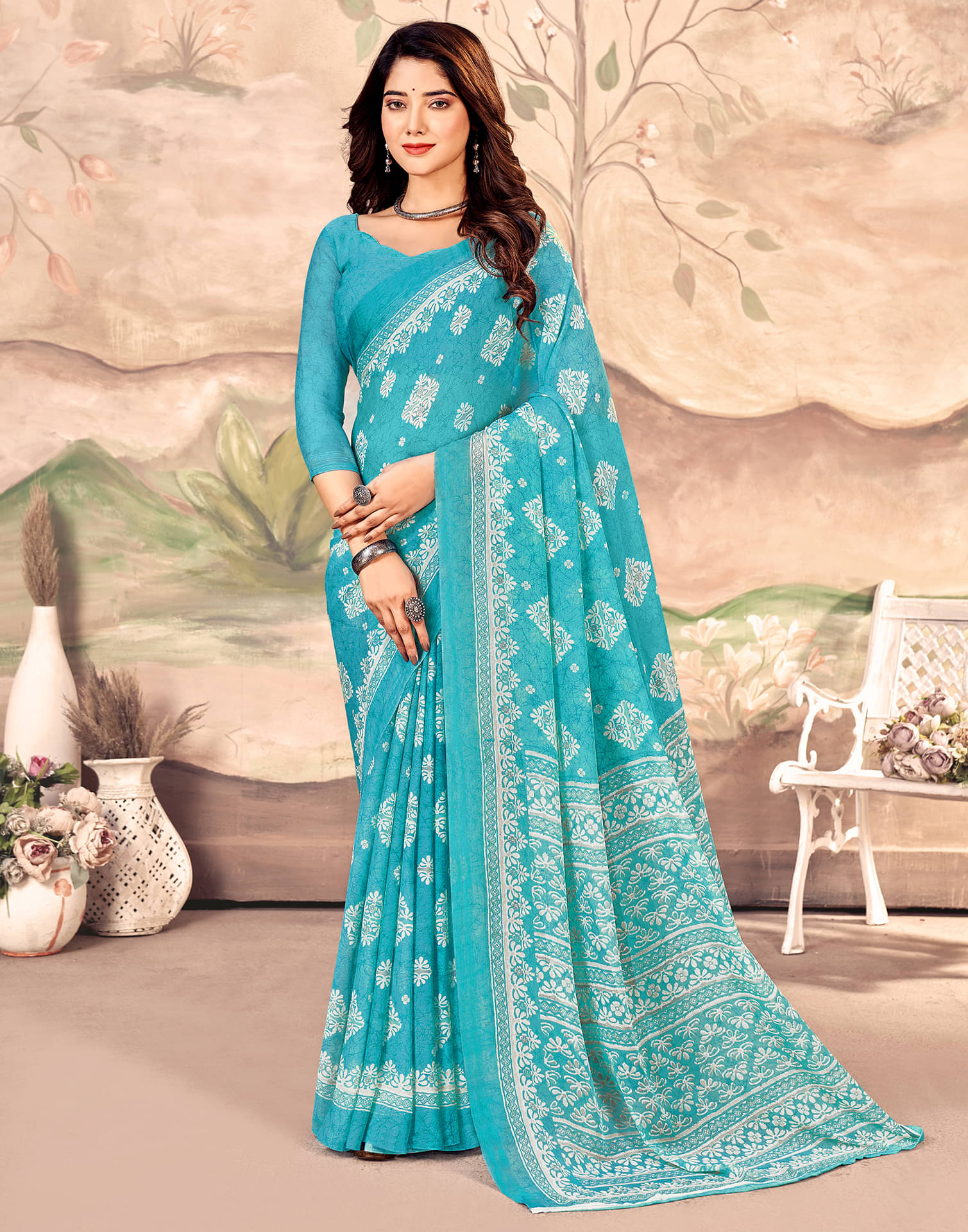    			Satrani Chiffon Printed Saree With Unstitched Blouse Piece ( Blue )