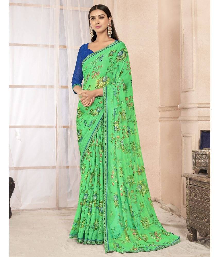     			Satrani Chiffon Printed Saree With Unstitched Blouse Piece ( Green )