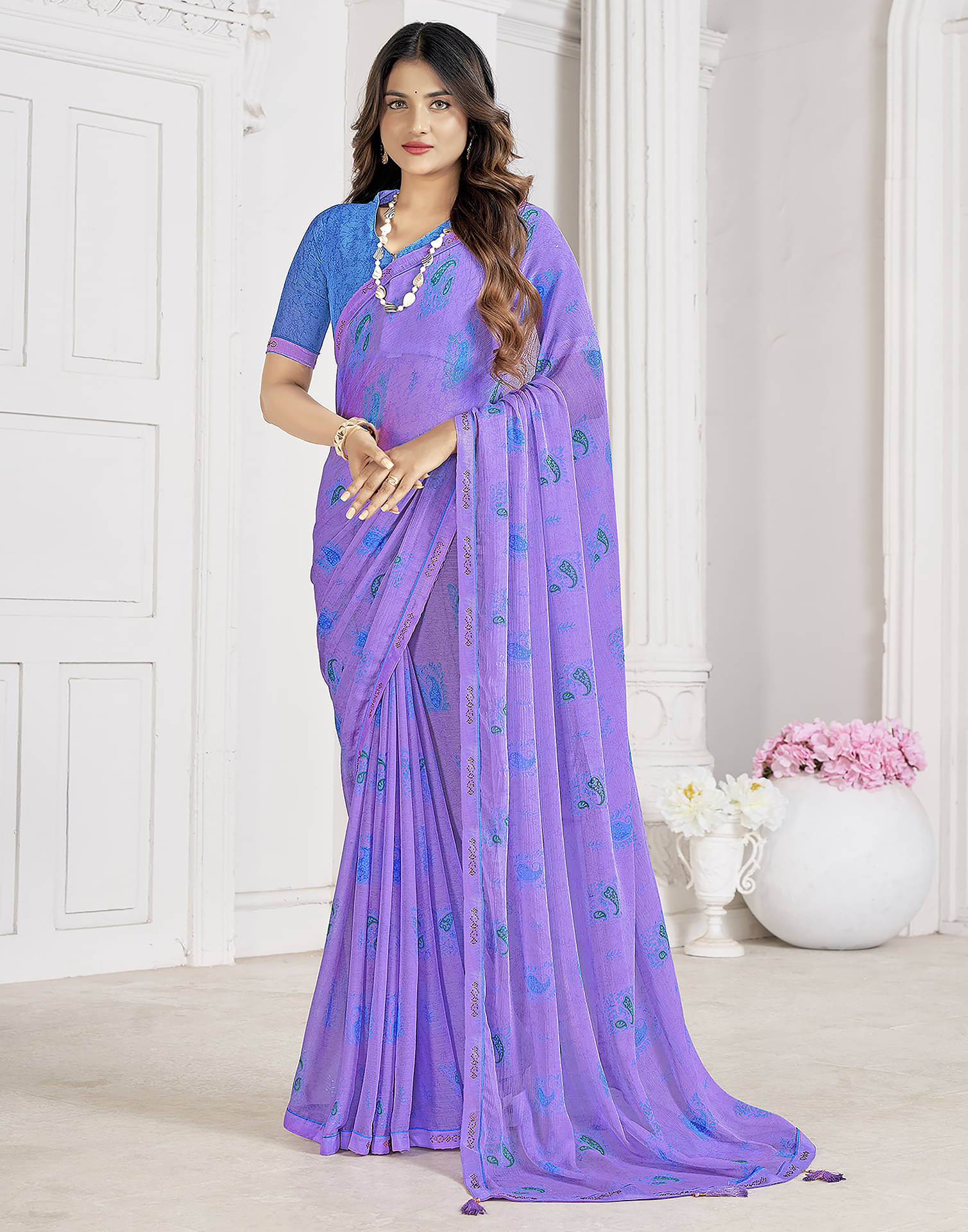 Satrani Chiffon Printed Saree With Unstitched Blouse Piece ( Lavender ) Satrani Chiffon Printed Saree With Unstitched Blouse Piece ( Lavender )
