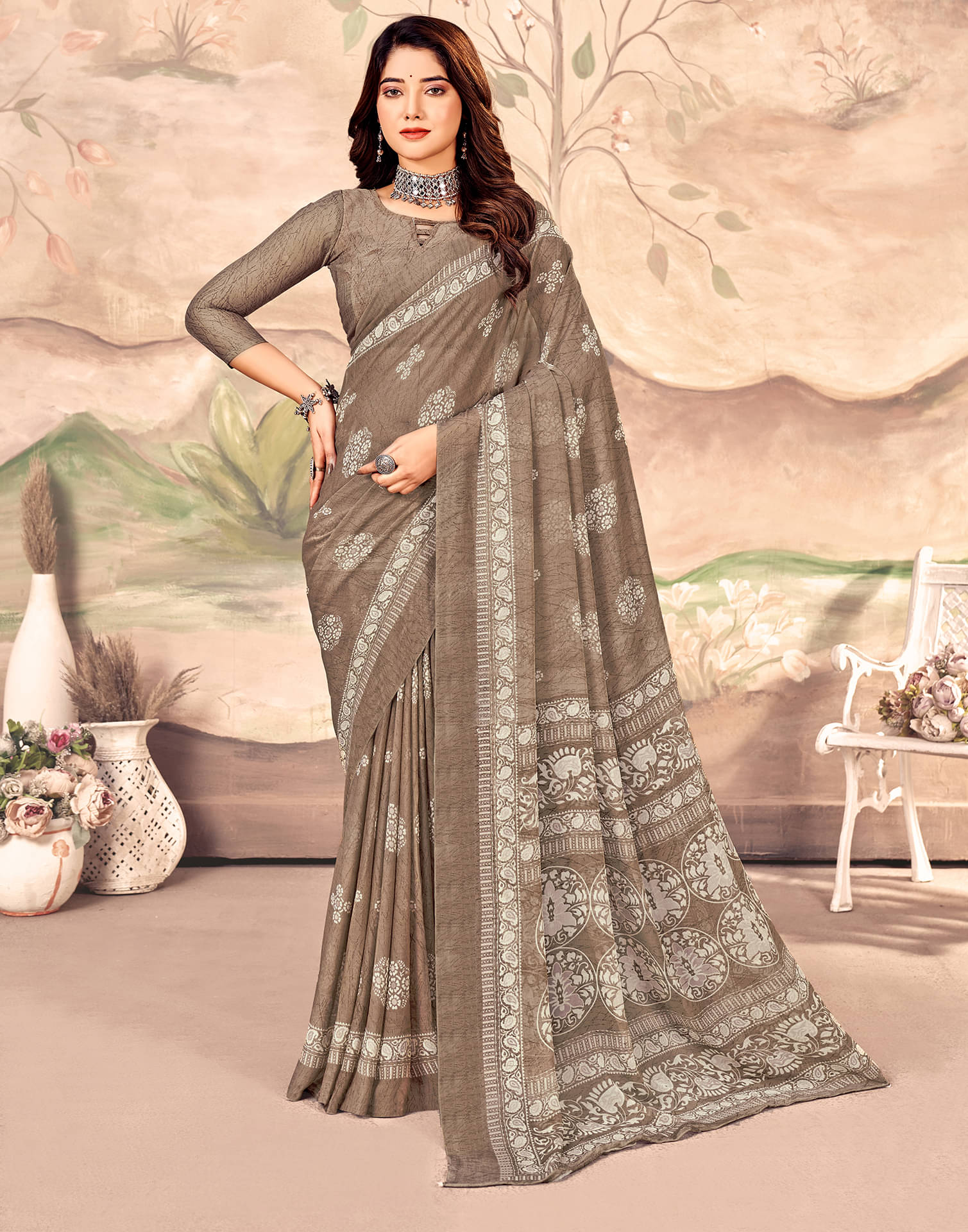     			Satrani Chiffon Printed Saree With Unstitched Blouse Piece ( Brown )
