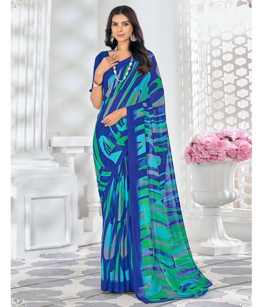     			Satrani Chiffon Printed Saree With Unstitched Blouse Piece ( Navy Blue )