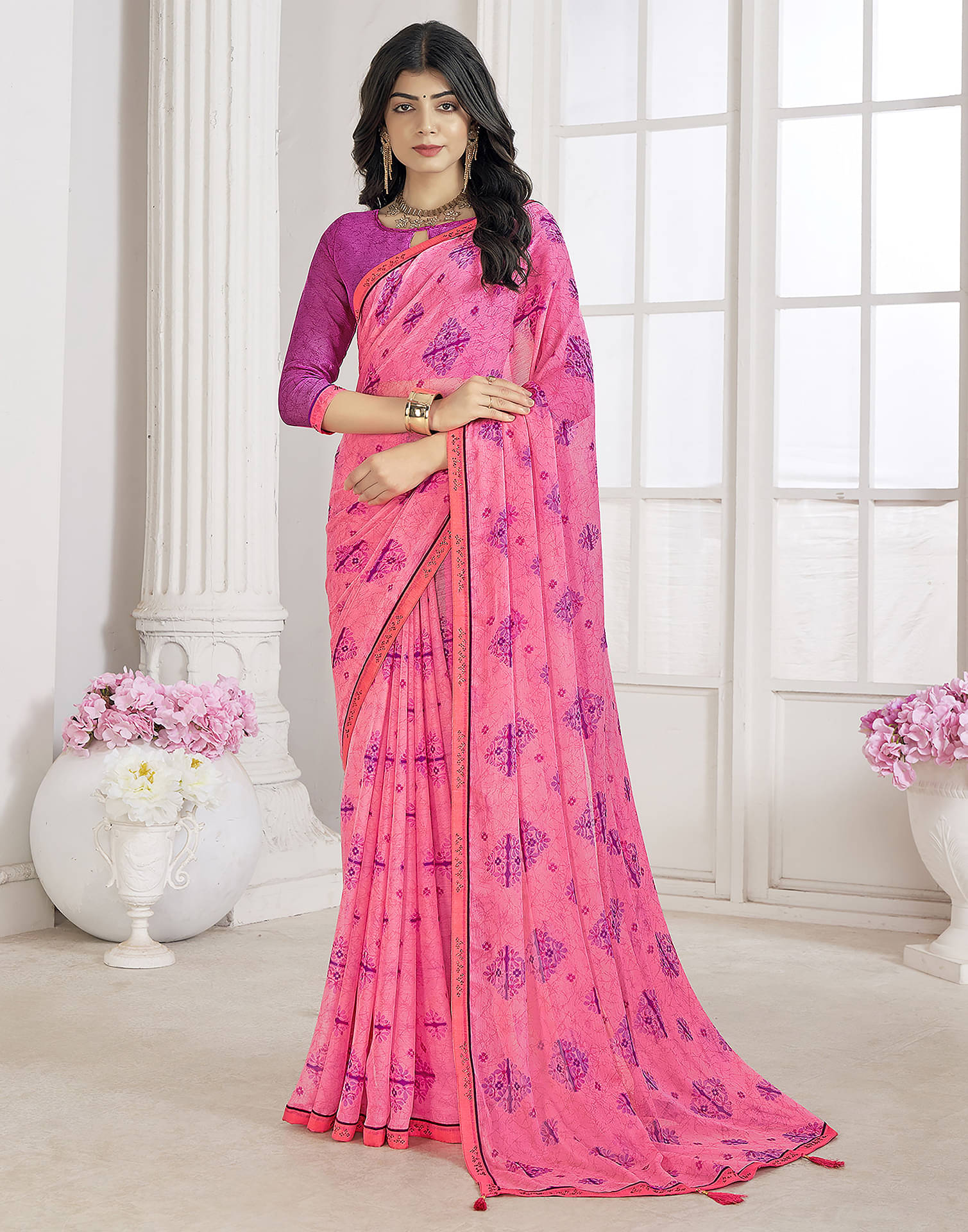     			Satrani Chiffon Printed Saree With Unstitched Blouse Piece ( Rose Gold )