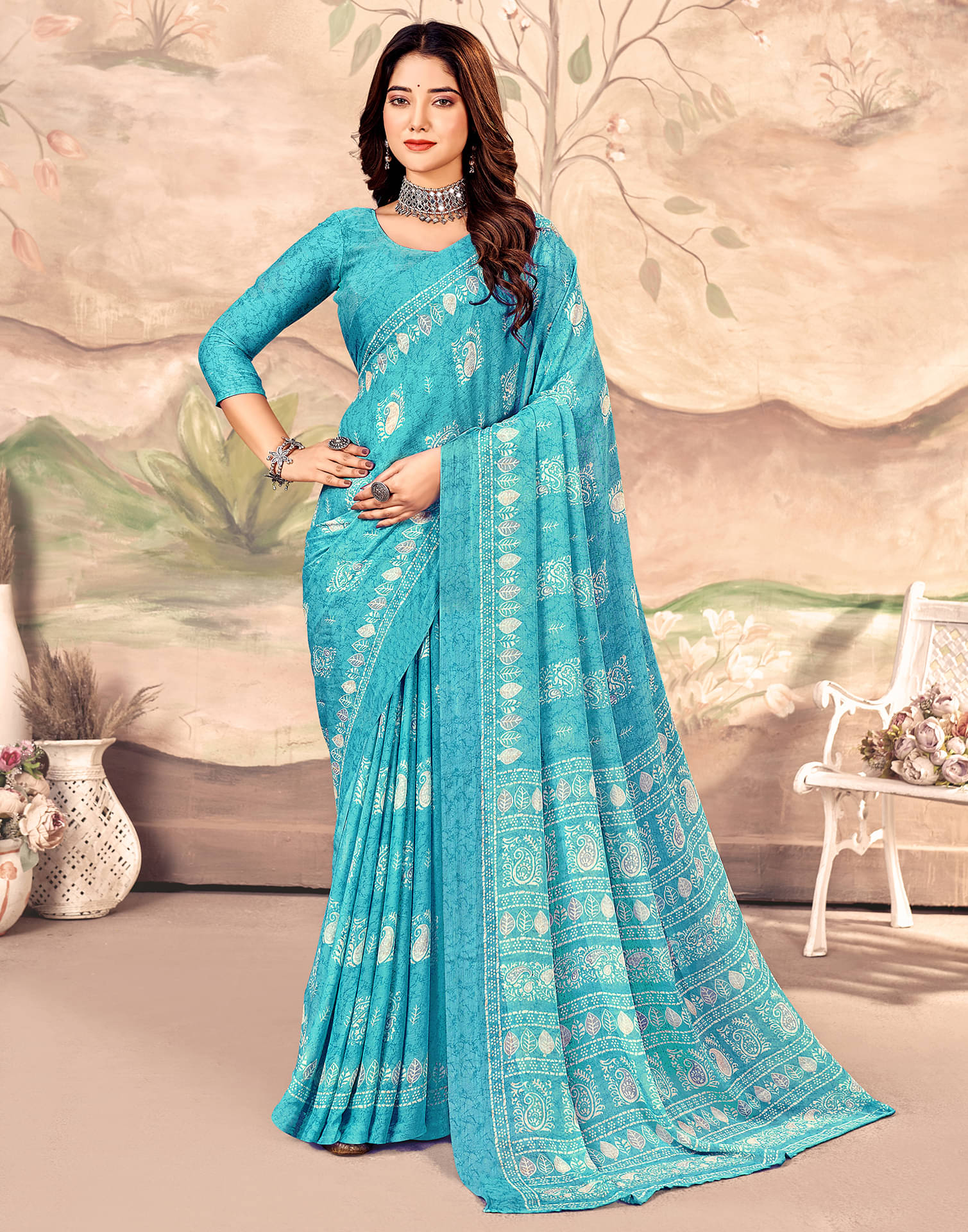    			Satrani Chiffon Printed Saree With Unstitched Blouse Piece ( Blue )