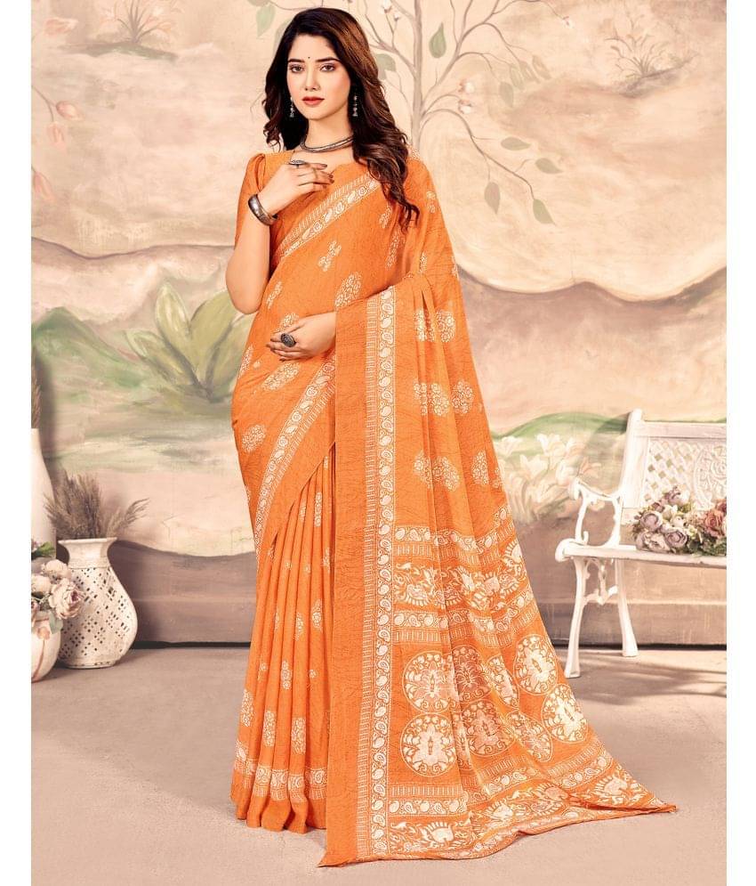 Satrani Chiffon Printed Saree With Unstitched Blouse Piece ( Orange ) Satrani Chiffon Printed Saree With Unstitched Blouse Piece ( Orange )
