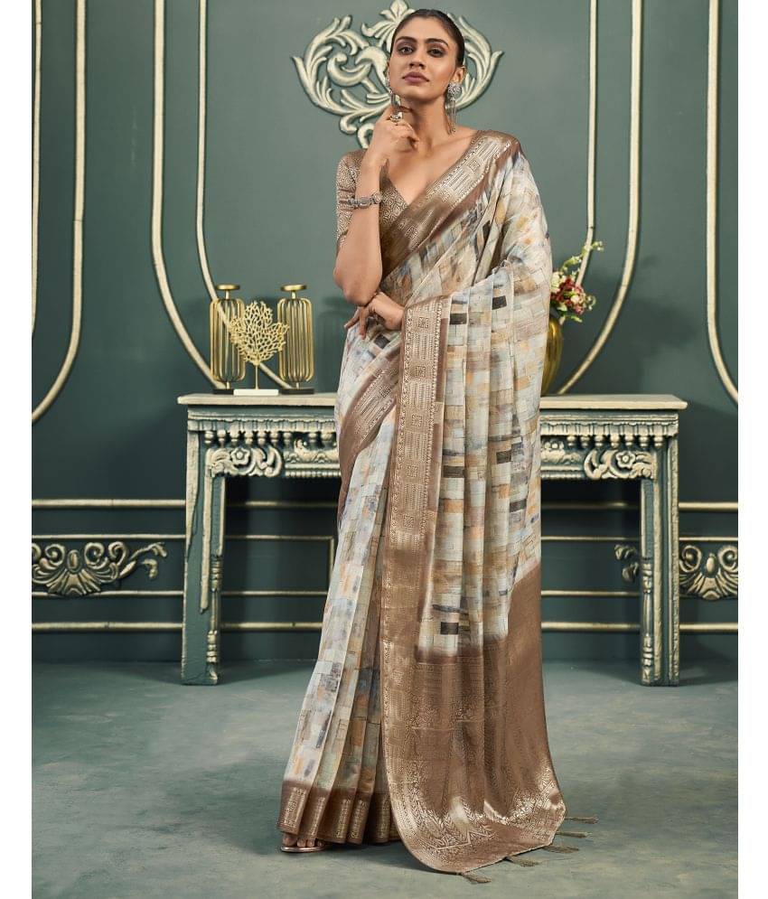 Satrani Cotton Blend Printed Saree With Unstitched Blouse Piece ( Cream ) Satrani Cotton Blend Printed Saree With Unstitched Blouse Piece ( Cream )