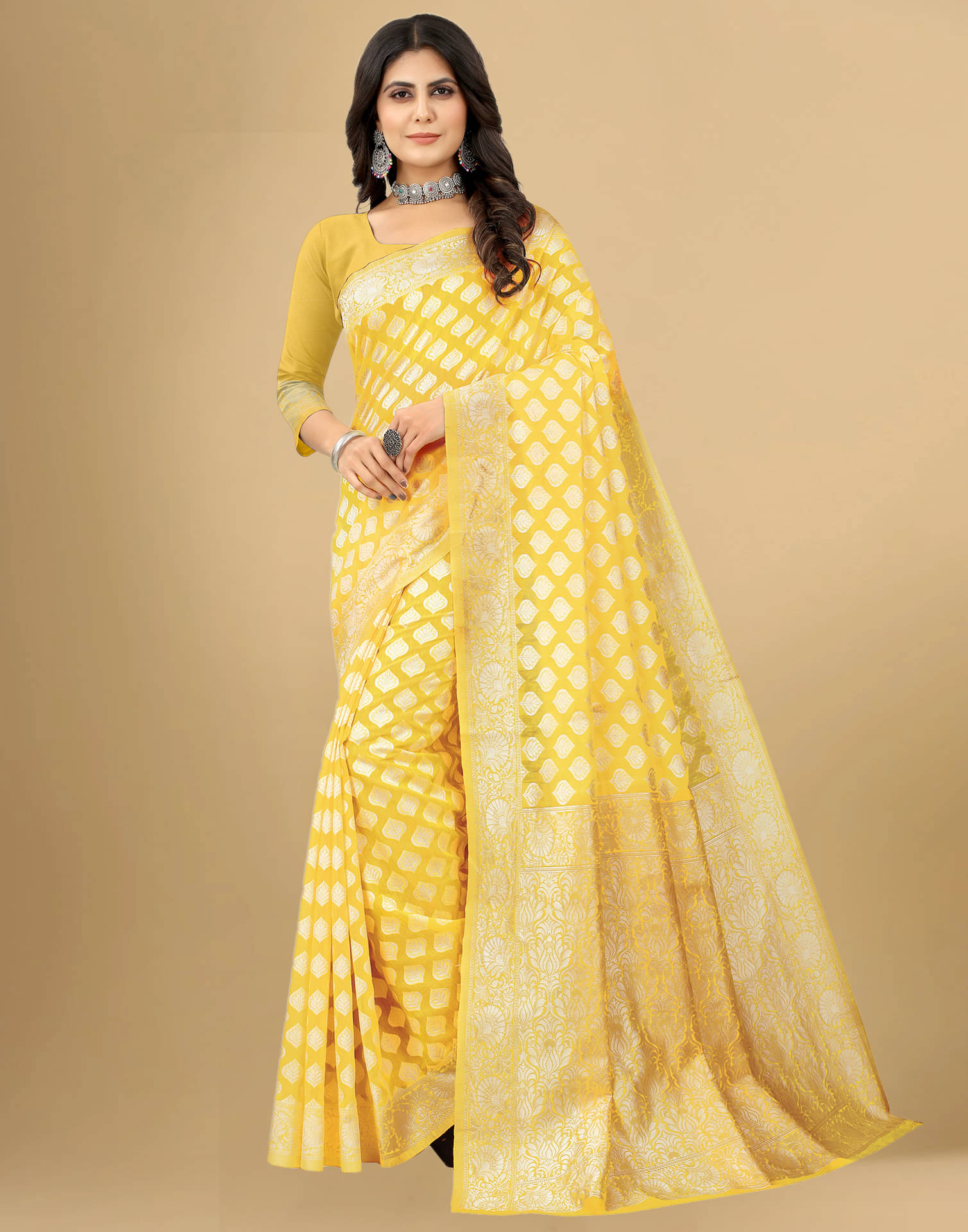 Satrani Cotton Blend Self Design Saree With Unstitched Blouse Piece ( Yellow ) Satrani Cotton Blend Self Design Saree With Unstitched Blouse Piece ( Yellow )
