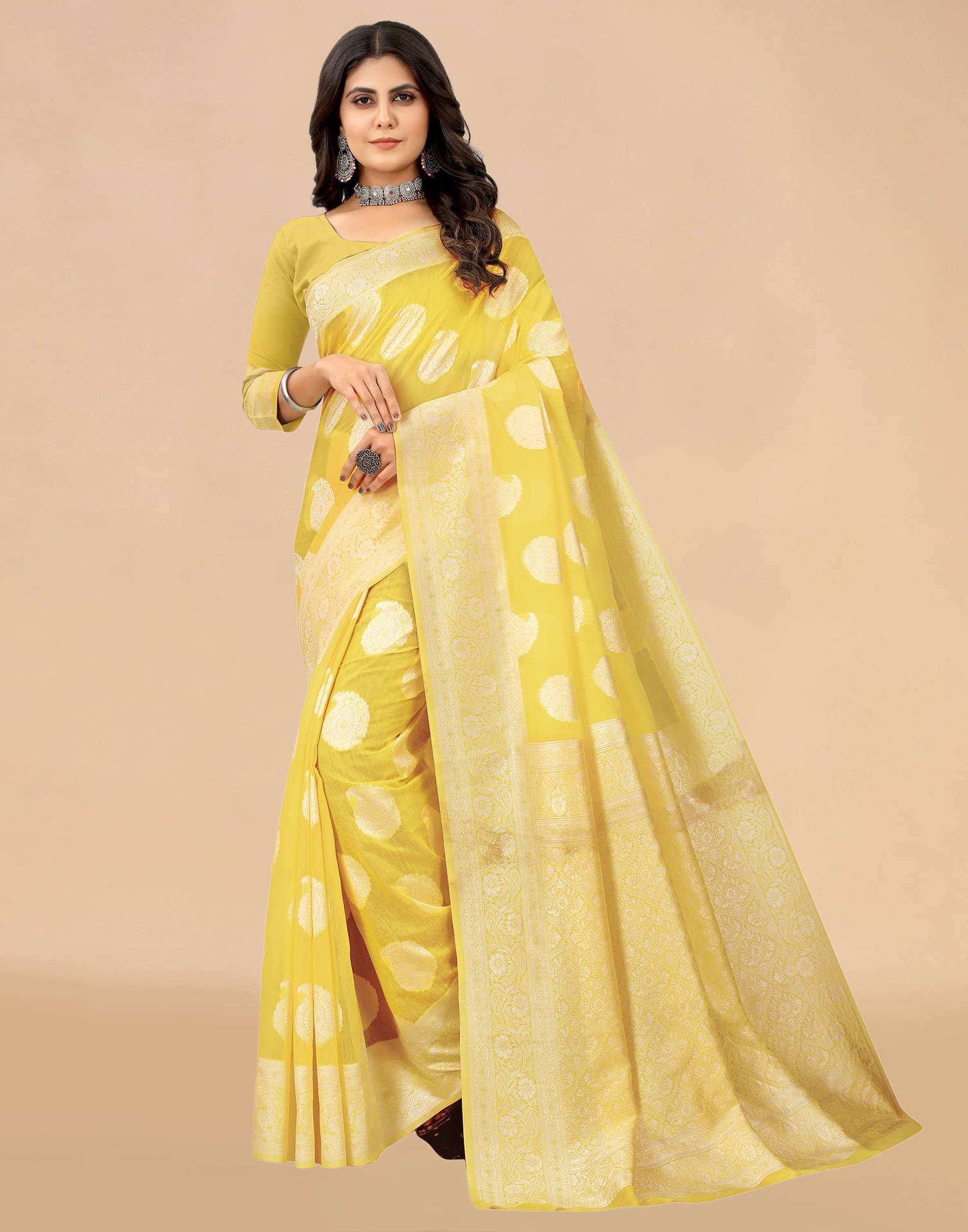 Satrani Cotton Blend Self Design Saree With Unstitched Blouse Piece ( Yellow ) Satrani Cotton Blend Self Design Saree With Unstitched Blouse Piece ( Yellow )