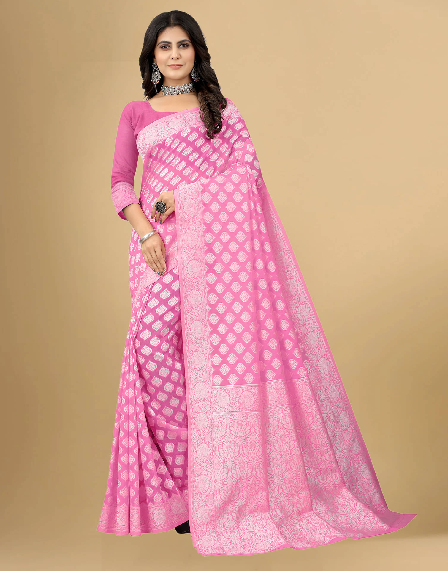     			Satrani Cotton Blend Self Design Saree With Unstitched Blouse Piece ( Pink )