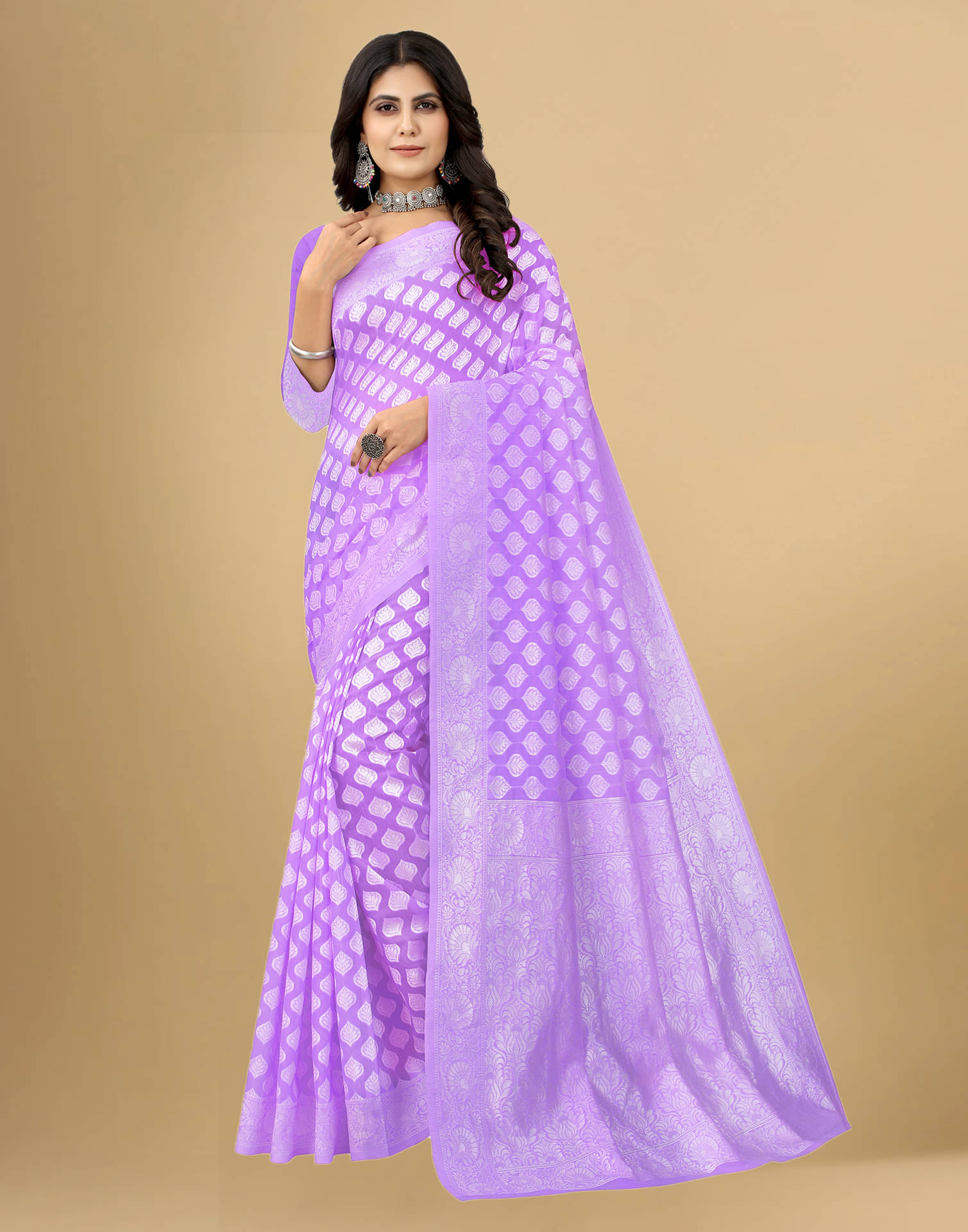Satrani Cotton Blend Self Design Saree With Unstitched Blouse Piece ( Lavender ) Satrani Cotton Blend Self Design Saree With Unstitched Blouse Piece ( Lavender )