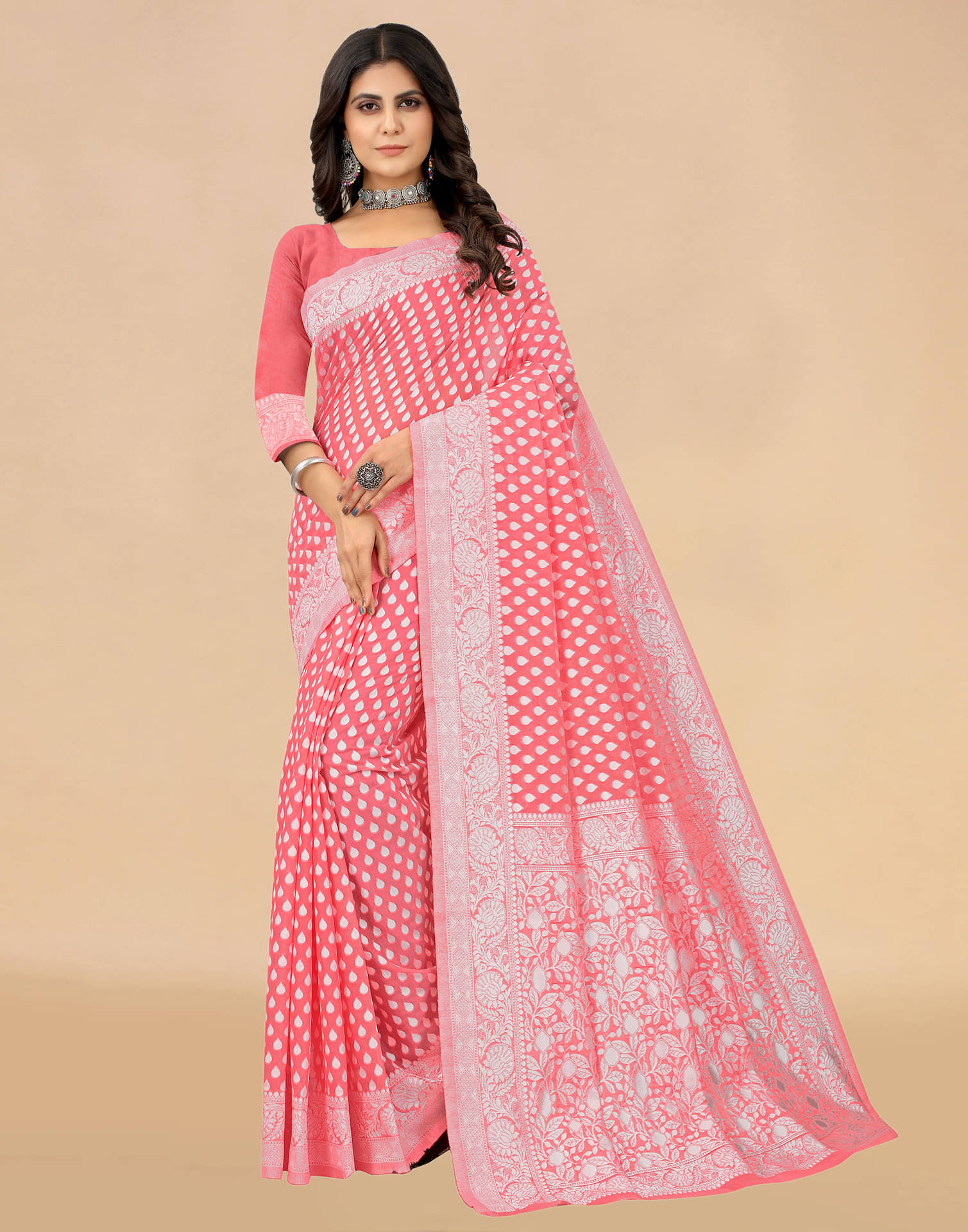     			Satrani Cotton Blend Self Design Saree With Unstitched Blouse Piece ( Rose Gold )