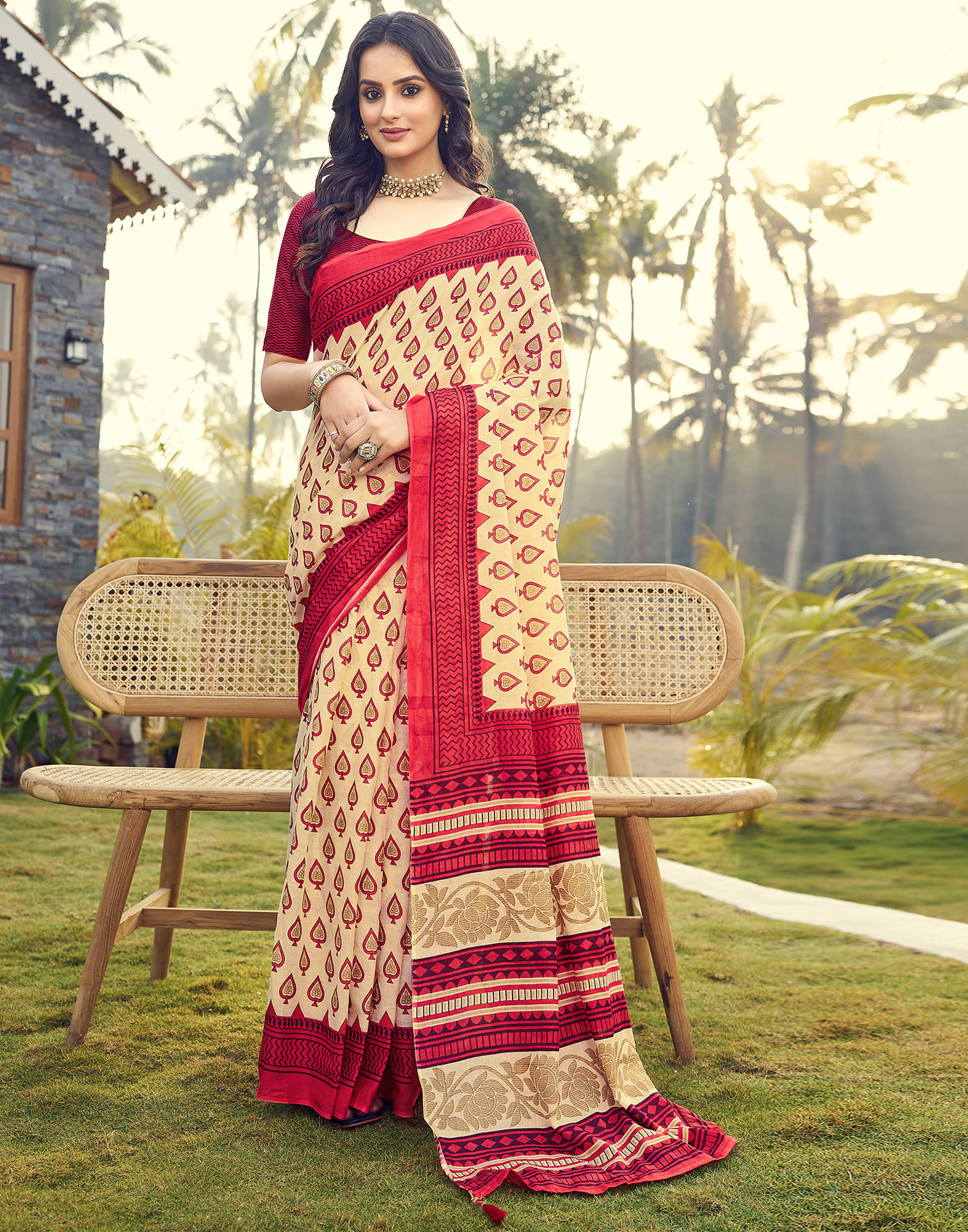     			Satrani Cotton Printed Ready to Wear Saree With Unstitched Blouse Piece ( Yellow )