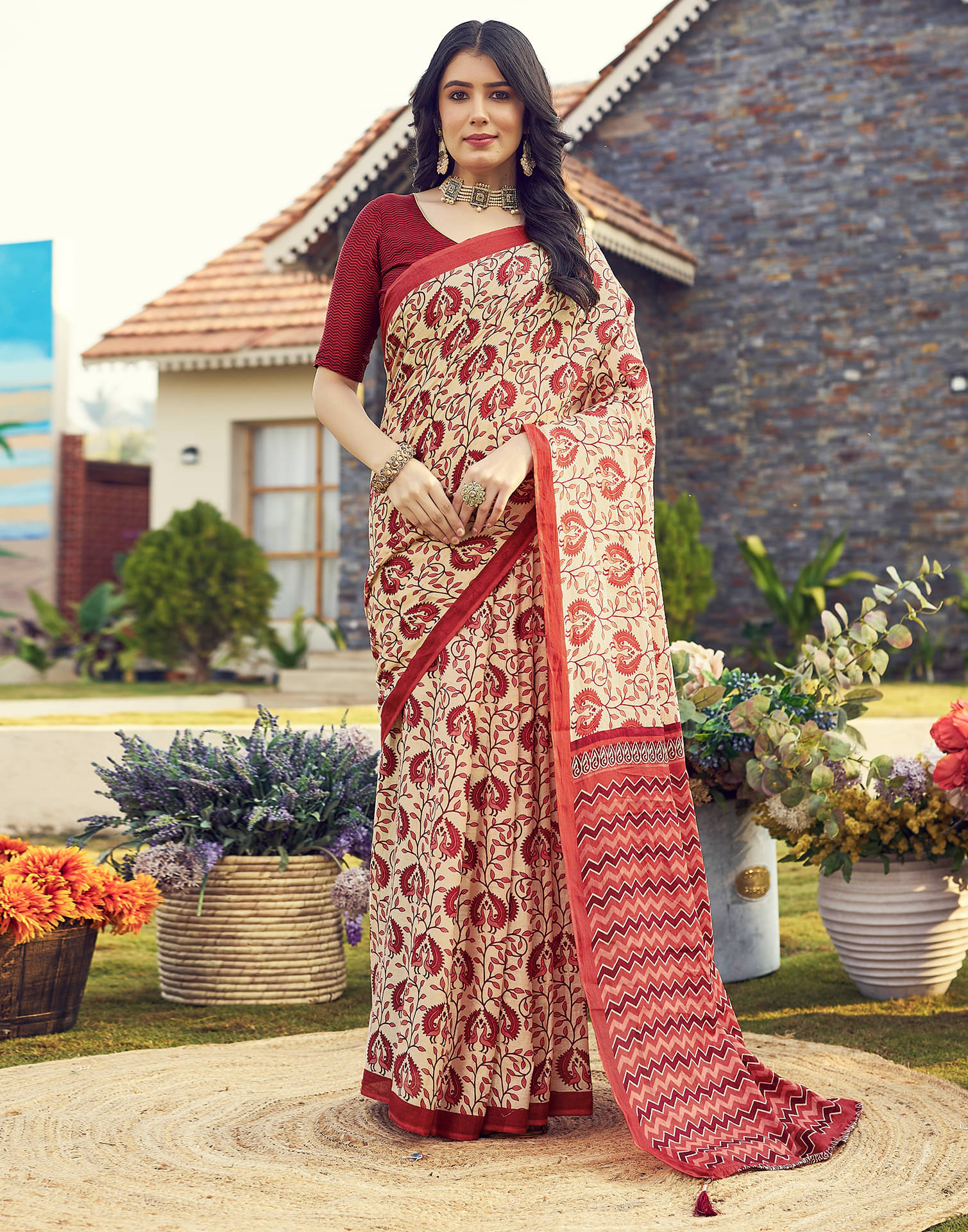     			Satrani Cotton Printed Ready to Wear Saree With Unstitched Blouse Piece ( Cream )