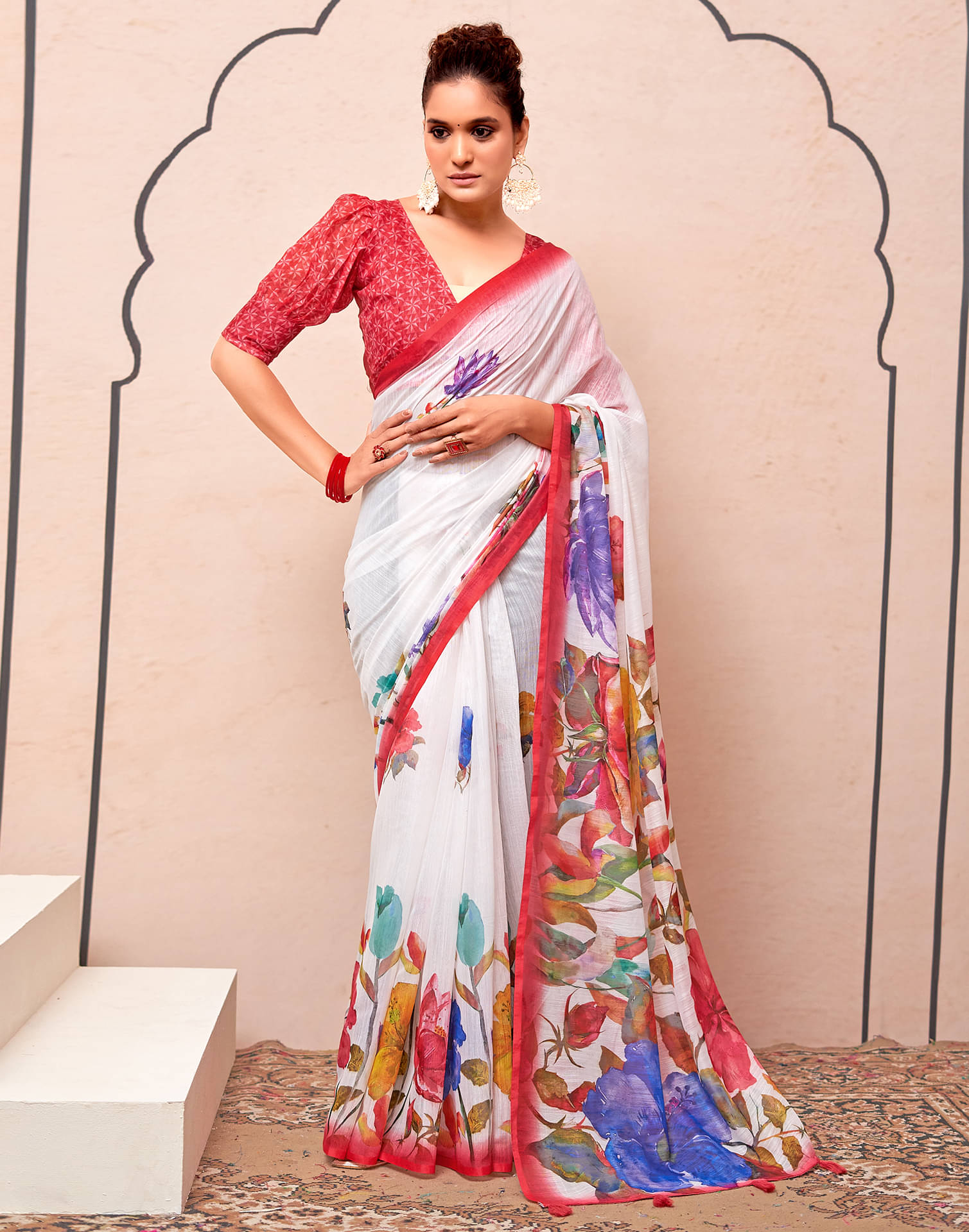     			Satrani Cotton Silk Printed Saree With Unstitched Blouse Piece ( White )
