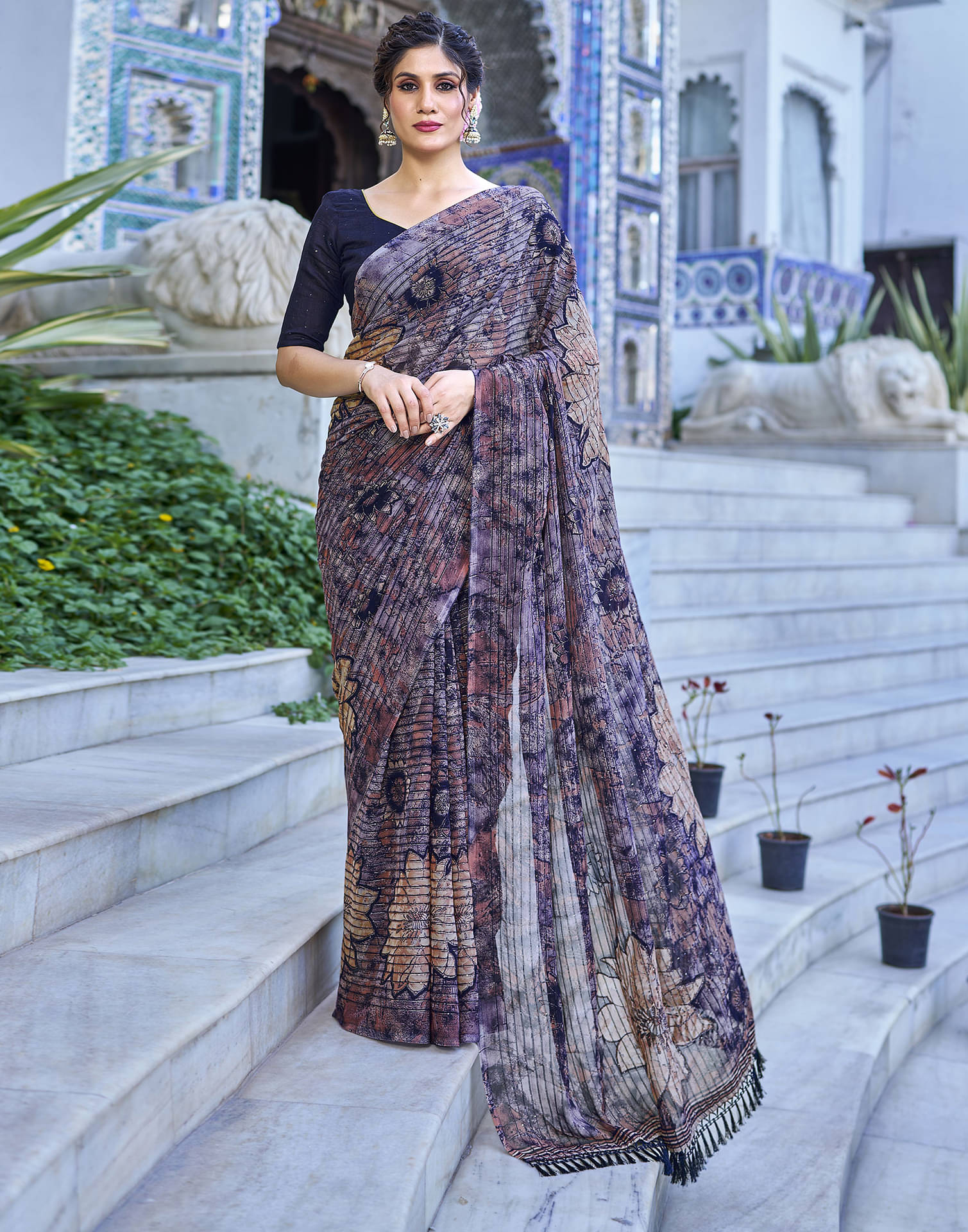     			Satrani Georgette Printed Saree With Unstitched Blouse Piece ( Navy Blue )