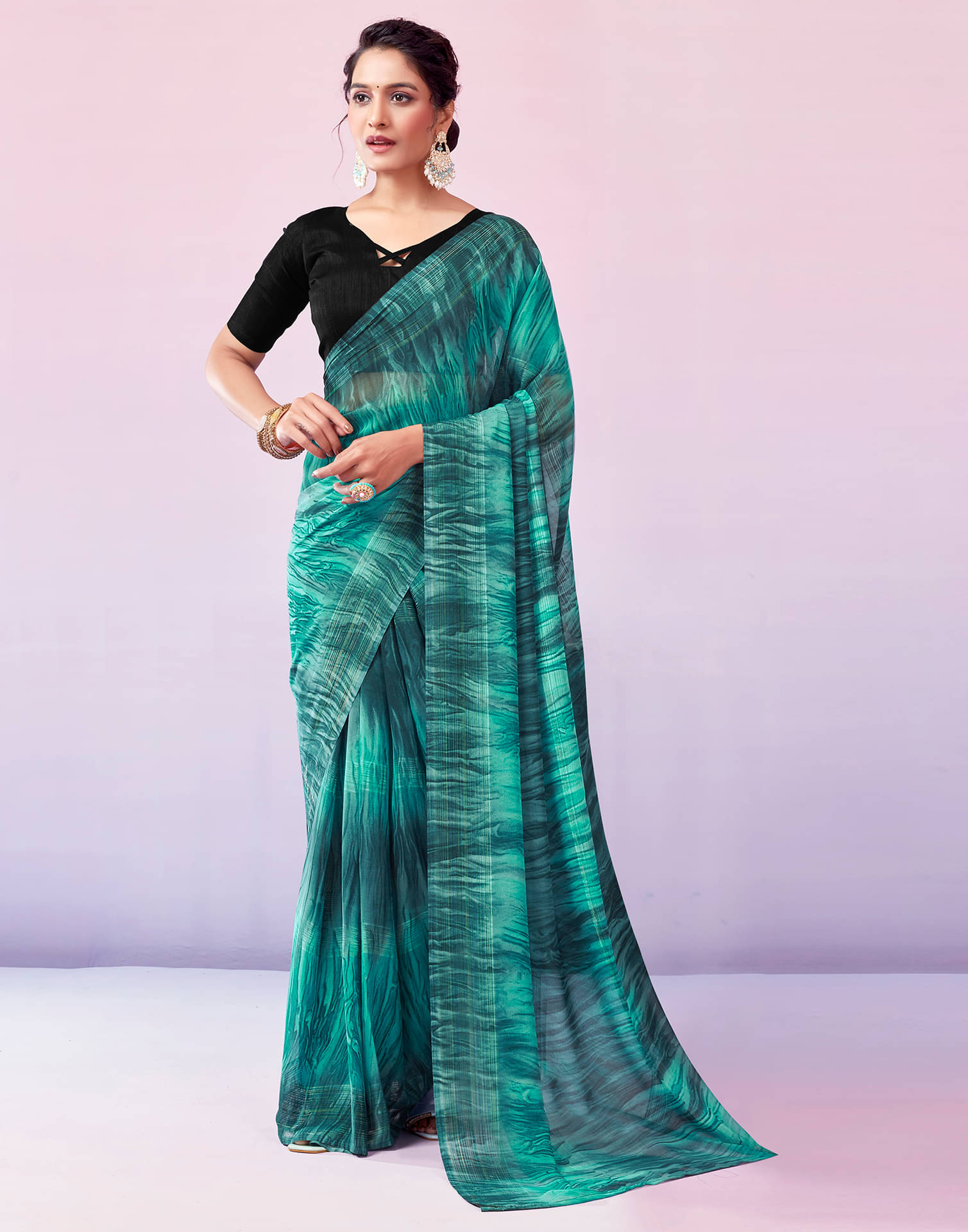    			Satrani Georgette Printed Ready to Wear Saree With Unstitched Blouse Piece ( Turquoise )