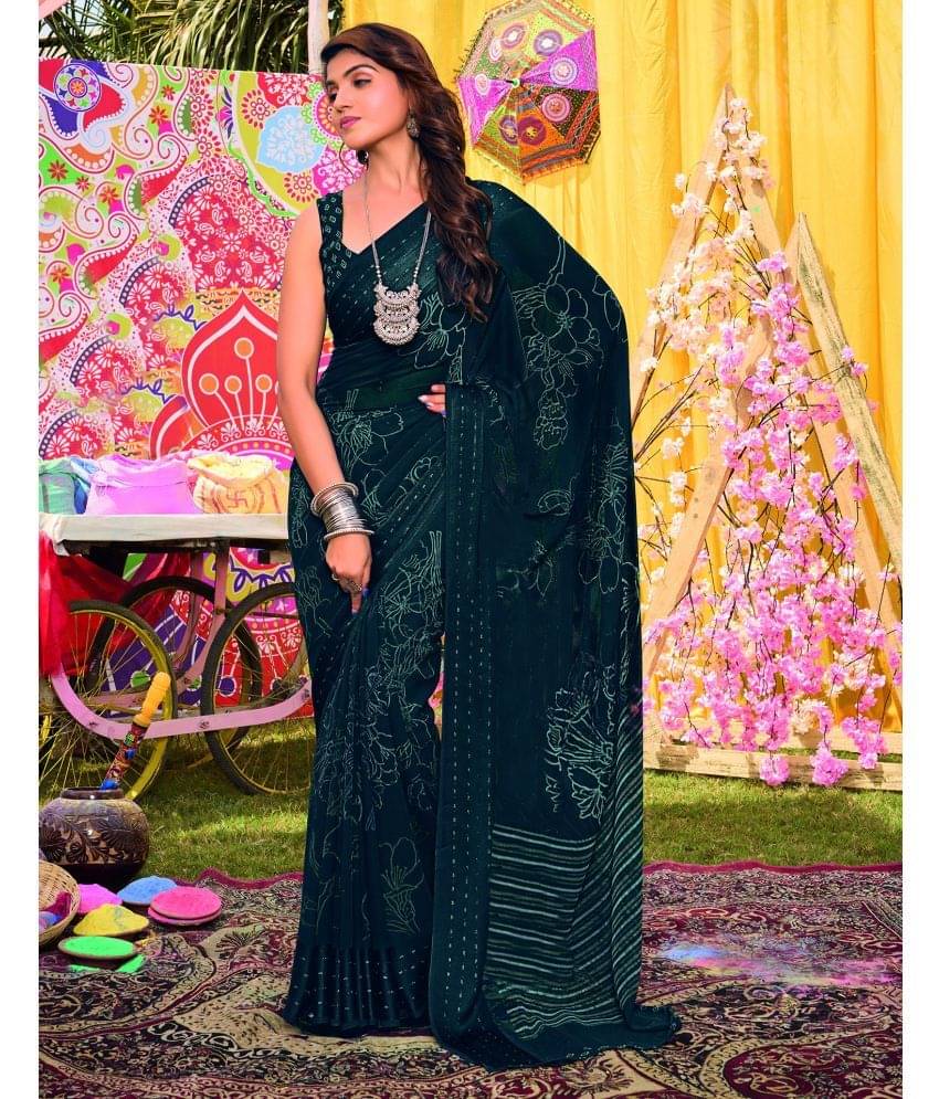     			Satrani Georgette Printed Saree With Unstitched Blouse Piece ( Navy Blue )