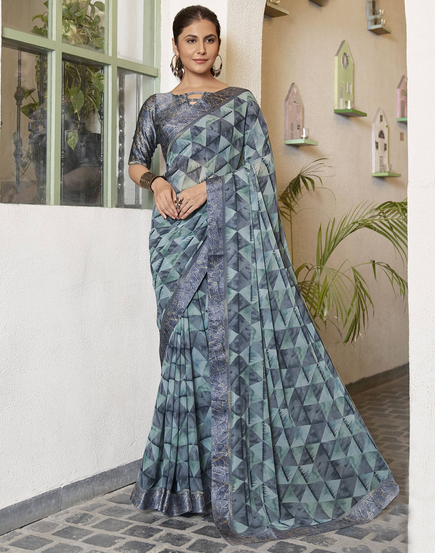     			Satrani Georgette Printed Saree With Unstitched Blouse Piece ( Mint Green )