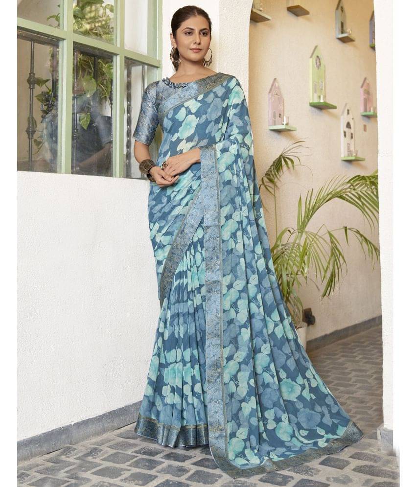 Satrani Georgette Printed Saree With Unstitched Blouse Piece ( Blue ) Satrani Georgette Printed Saree With Unstitched Blouse Piece ( Blue )