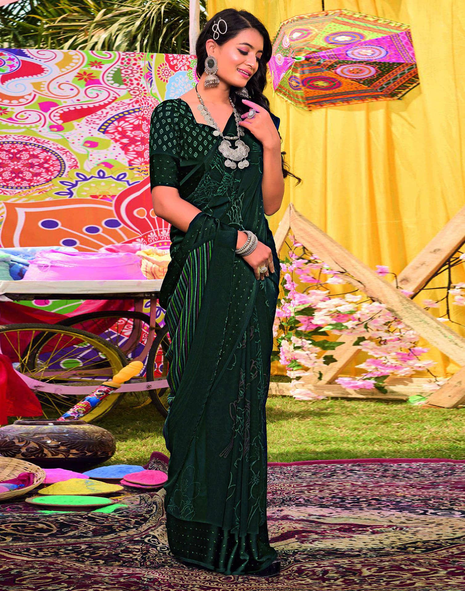     			Satrani Georgette Printed Saree With Unstitched Blouse Piece ( Green )