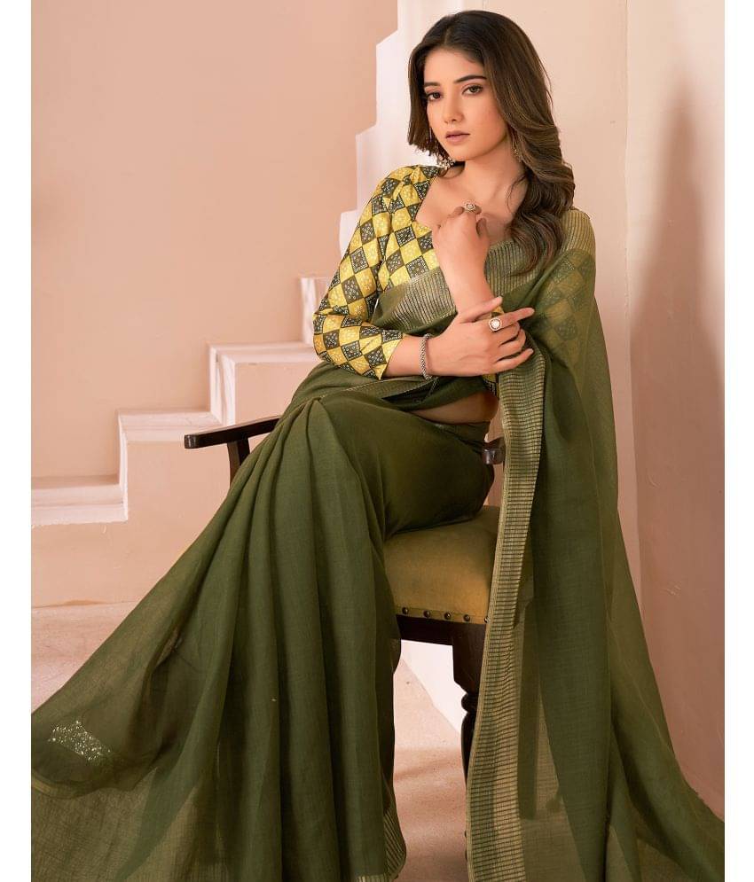     			Satrani Linen Solid Saree With Unstitched Blouse Piece ( Olive )