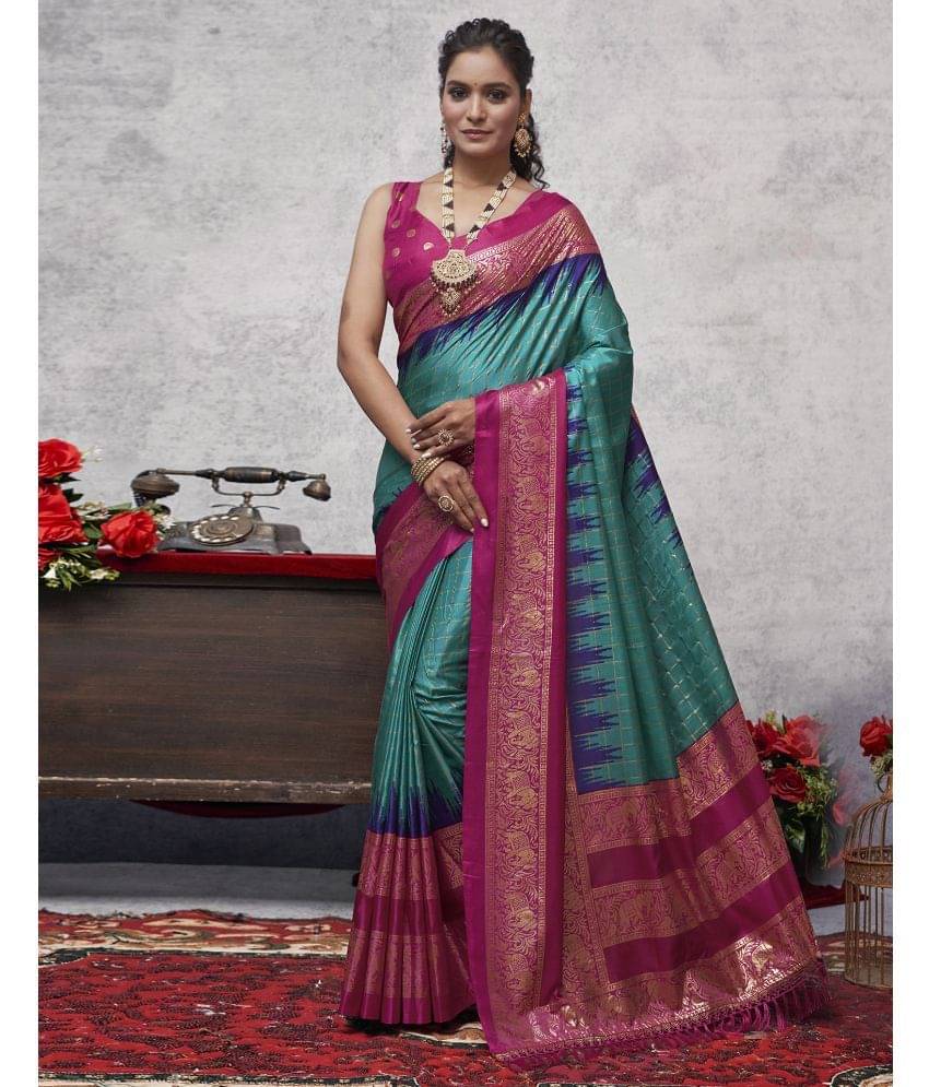 Satrani Silk Printed Saree With Unstitched Blouse Piece ( Teal ) Satrani Silk Printed Saree With Unstitched Blouse Piece ( Teal )