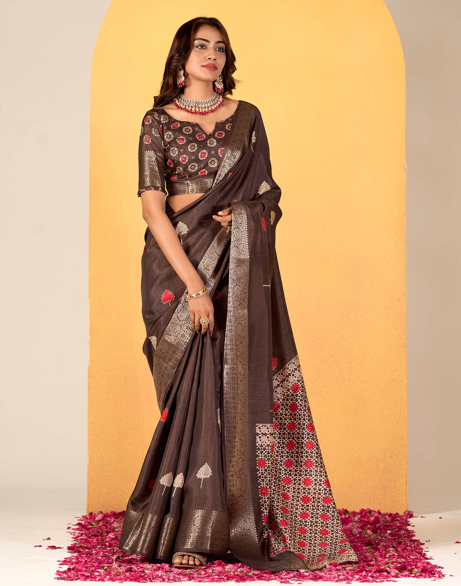     			Satrani Silk Printed Saree With Unstitched Blouse Piece ( Brown )