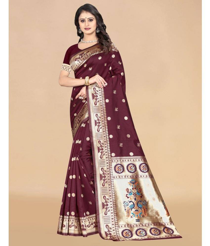 Satrani Silk Woven Saree With Unstitched Blouse Piece ( Maroon ) Satrani Silk Woven Saree With Unstitched Blouse Piece ( Maroon )