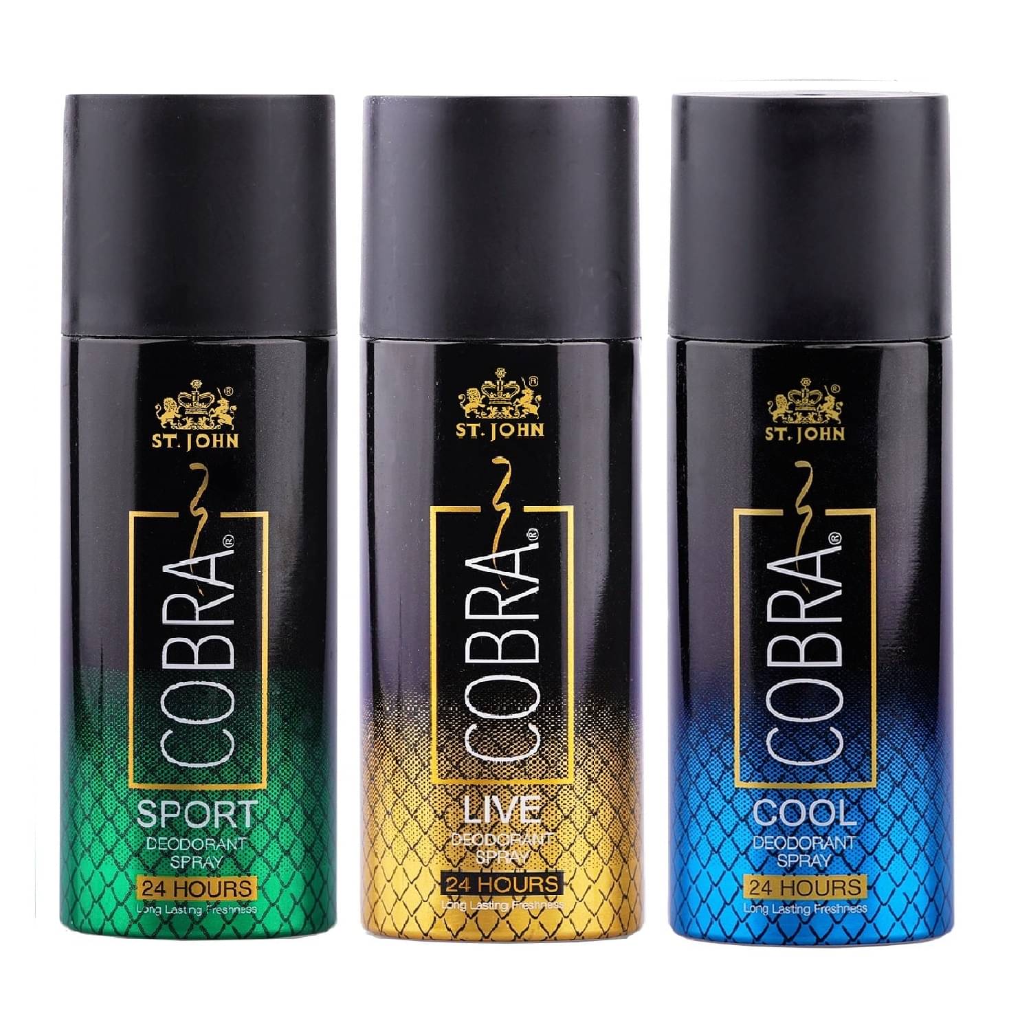     			ST.JOHN Cobra Live, Cool & Sport Deodorant Spray for Men 150ml Each (300ml) Pack of 3
