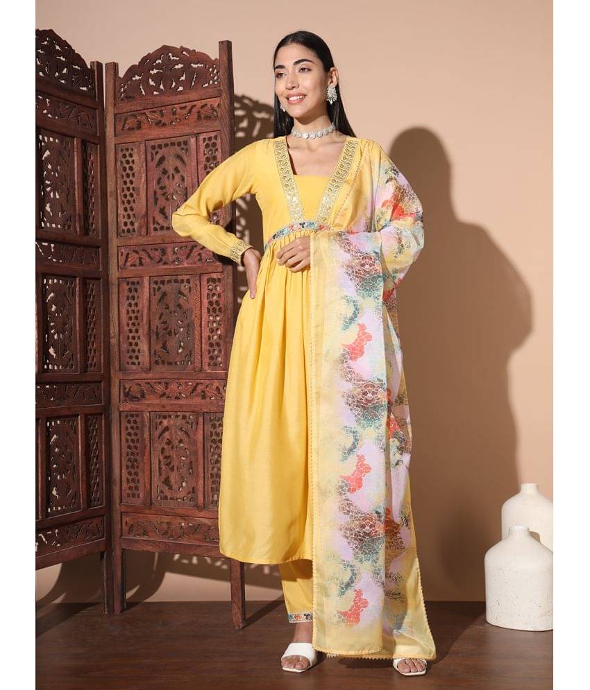     			gufrina Silk Blend Embellished Kurti With Pants Women's Stitched Salwar Suit - Yellow ( Pack of 1 )