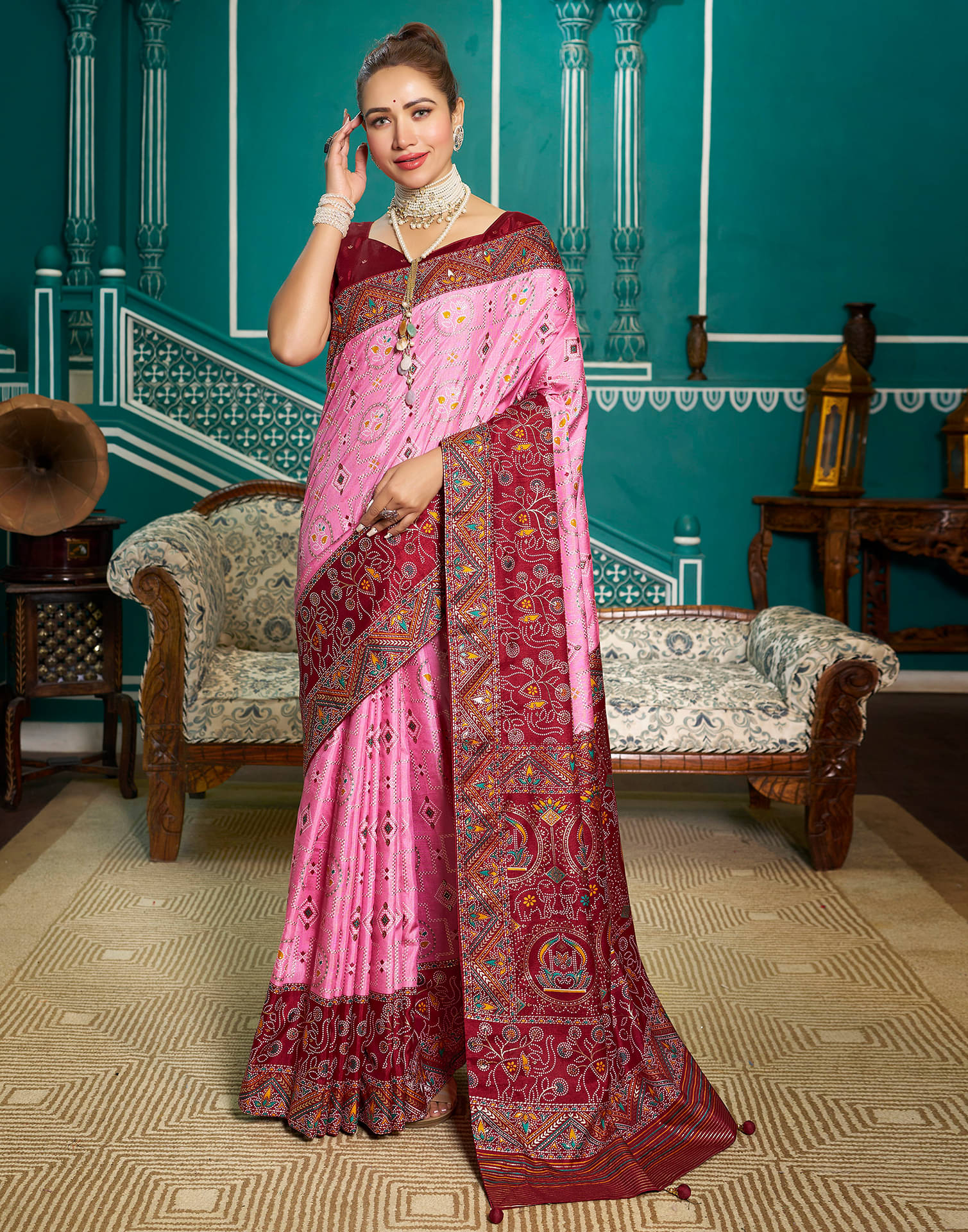 Satrani Silk Printed Saree With Unstitched Blouse Piece ( Rani ) Satrani Silk Printed Saree With Unstitched Blouse Piece ( Rani )