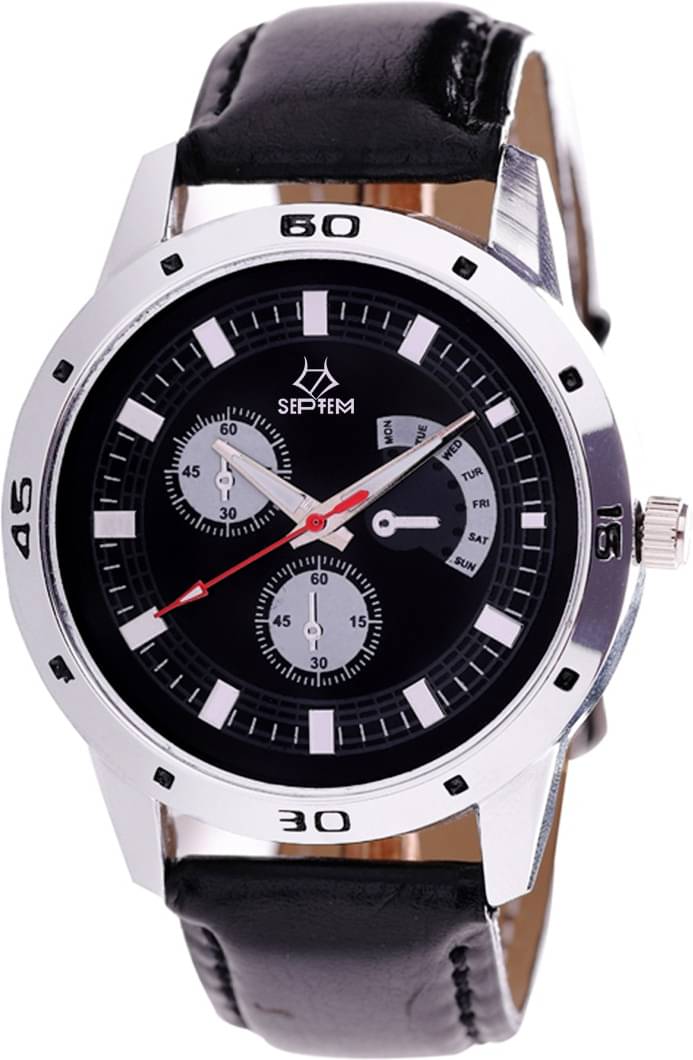     			Septem Black Leather Analog Men's Watch